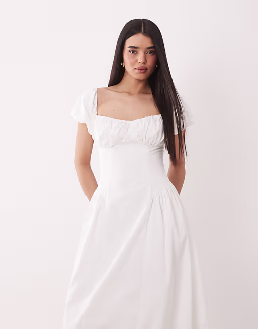 Kaiia exclusive cotton milkmaid puff sleeve hip pleat detail maxi dress in cream