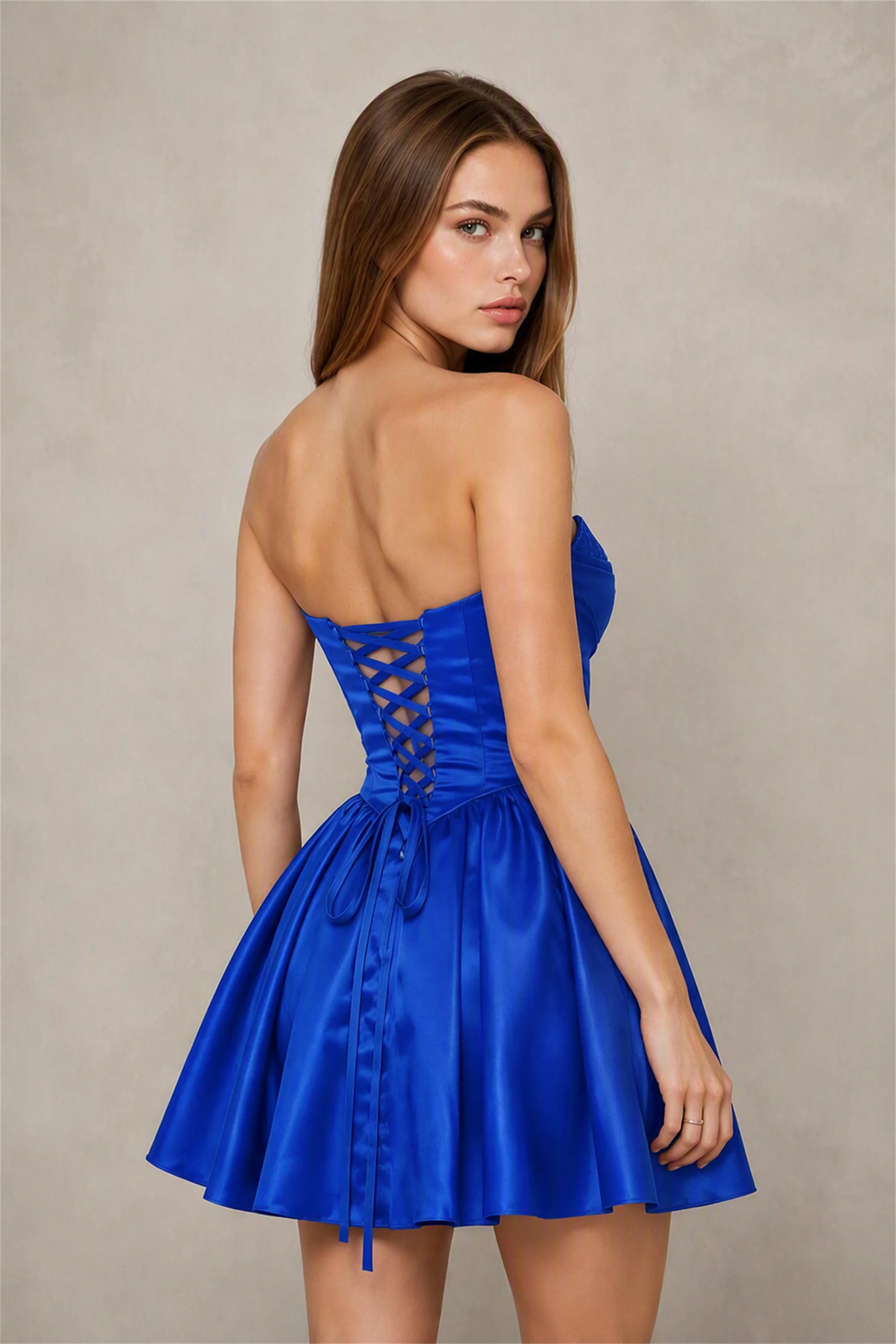 BOLODOO Royal Blue Satin Sequin Sweetheart Strapless Corset Lace-Up Back A-Line Mini Dress | Prom Cocktail Homecoming Dress