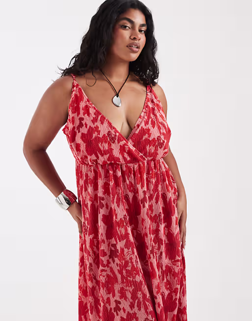 PIECES Curve wrap detail cami plisse maxi dress in pink and red floral print