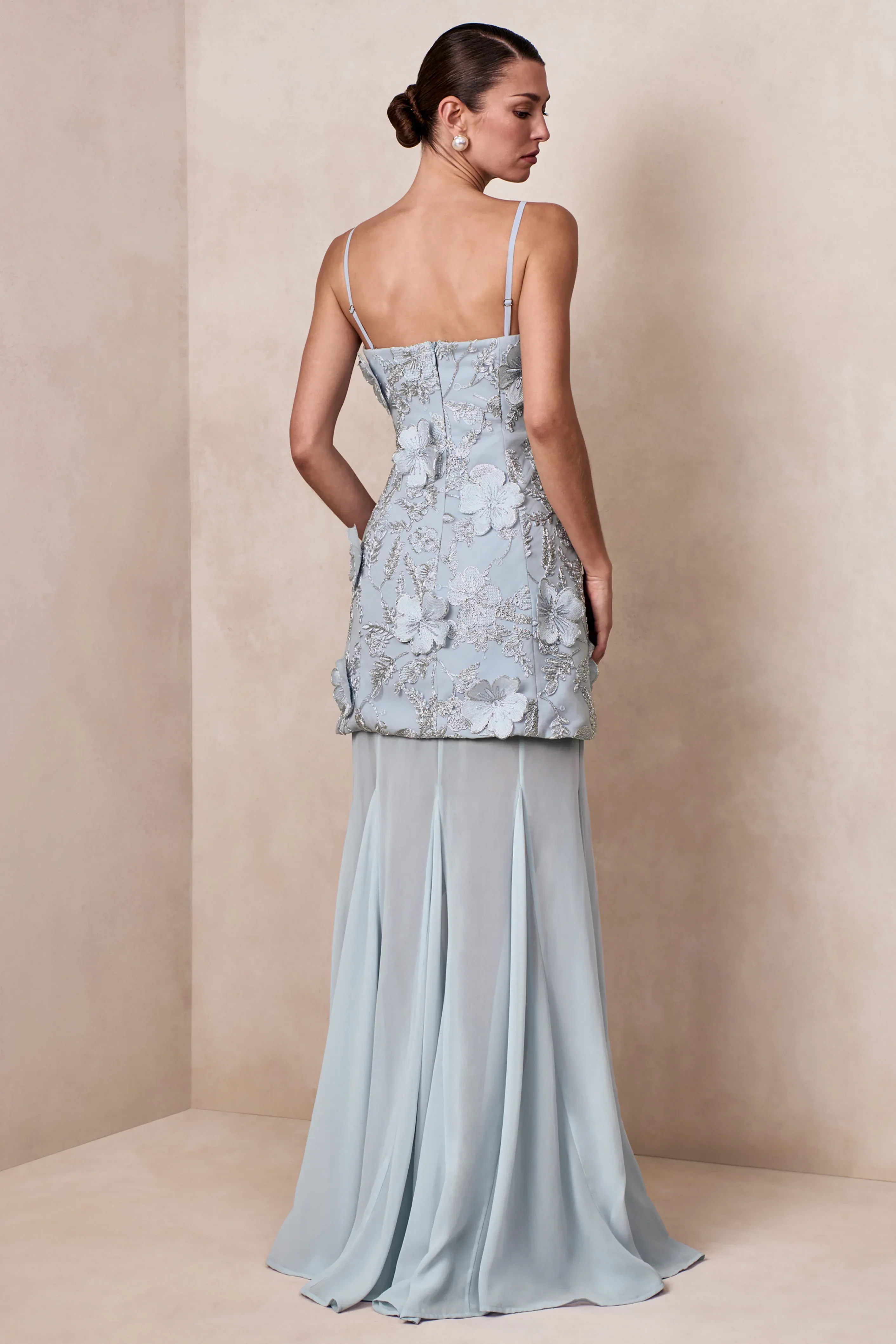 Nessa | Light Blue 3D Floral Square-Neck Maxi Dress With Sheer Skirt