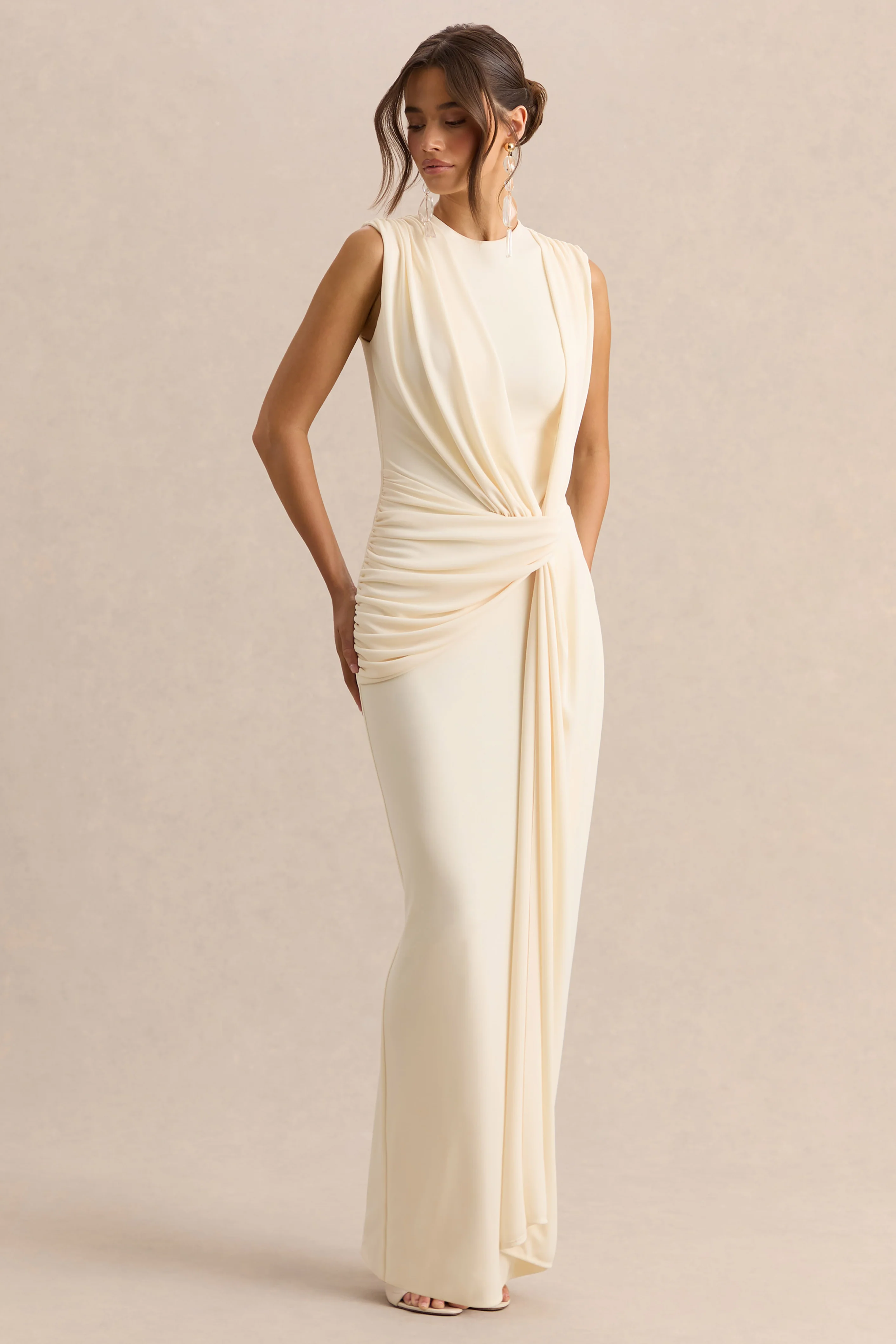 Blythia | Cream Round-Neck Maxi Dress With Gathered-Detailing