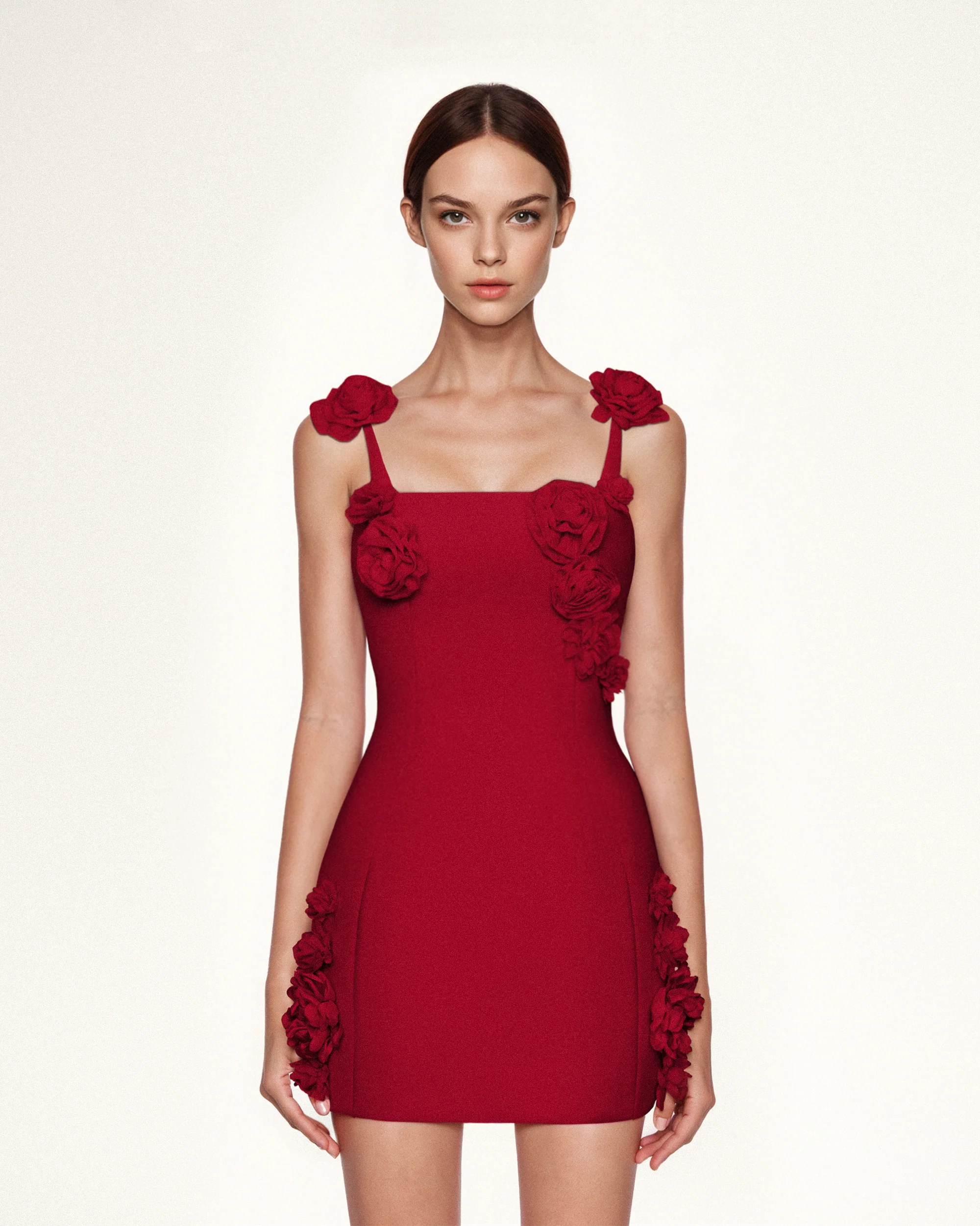 Elaina Rosette Applique Mini Dress - Red - FASHION NOB