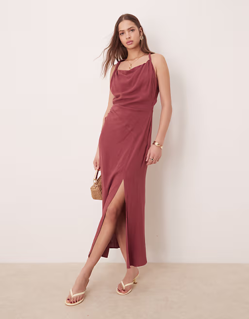 linen twist shoulder detail midi dress with ruching in apple butter
