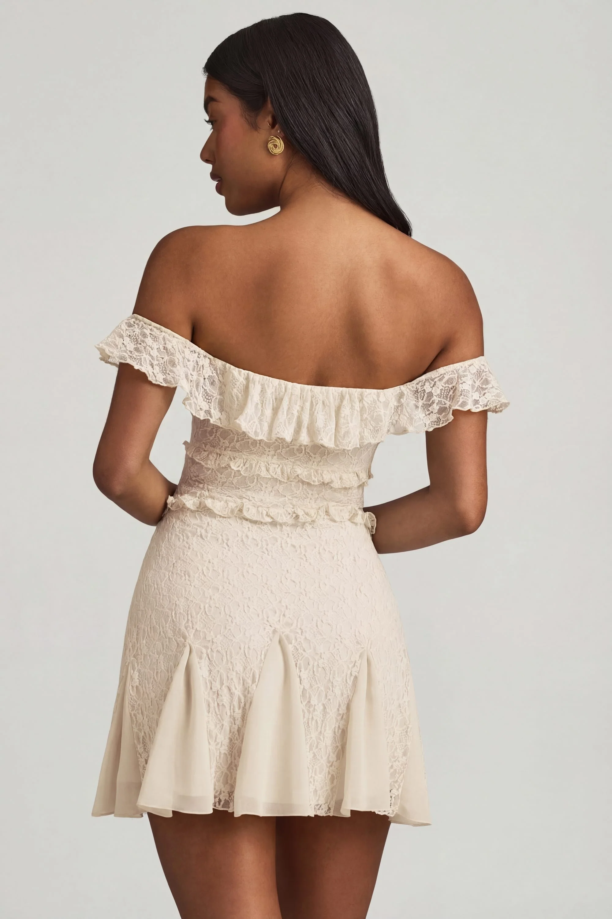 Off-Shoulder Lace A-Line Mini Dress in Ivory