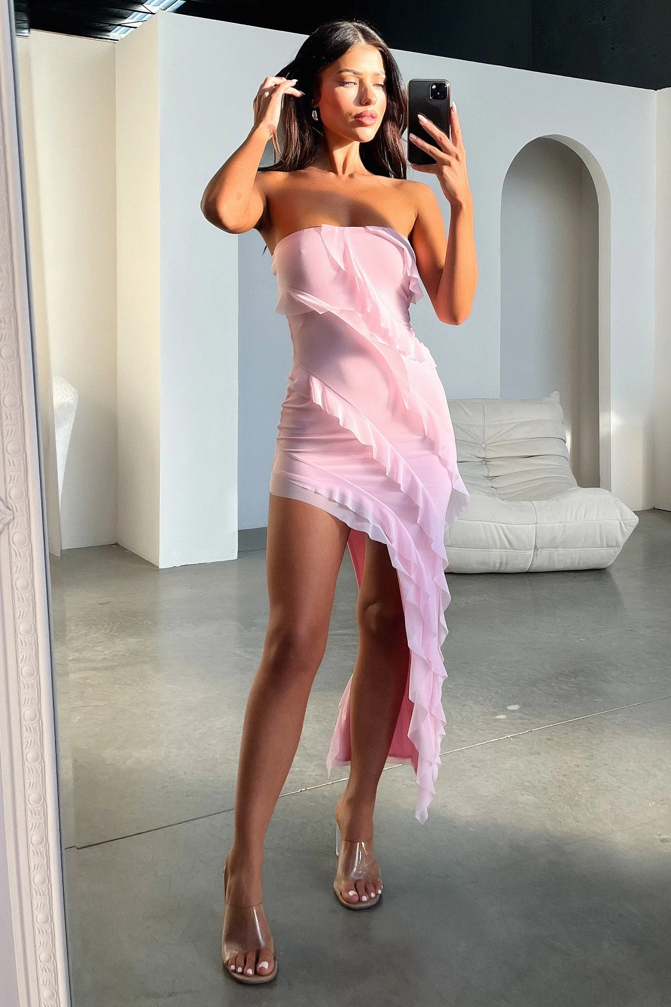 Jadore Strapless Ruffle Midi Dress - Pink