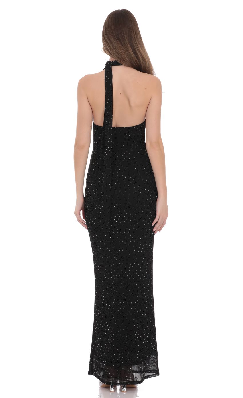 Scarf Ribbed Rhinestone Maxi Dress in Black