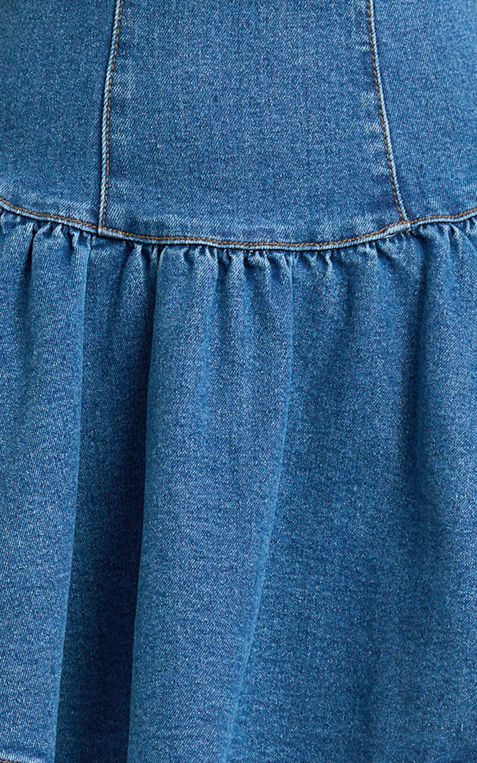 Vera Mini Dress - Boat Neck Drop Waist Fit And Flare Denim Dress in Mid Blue Wash