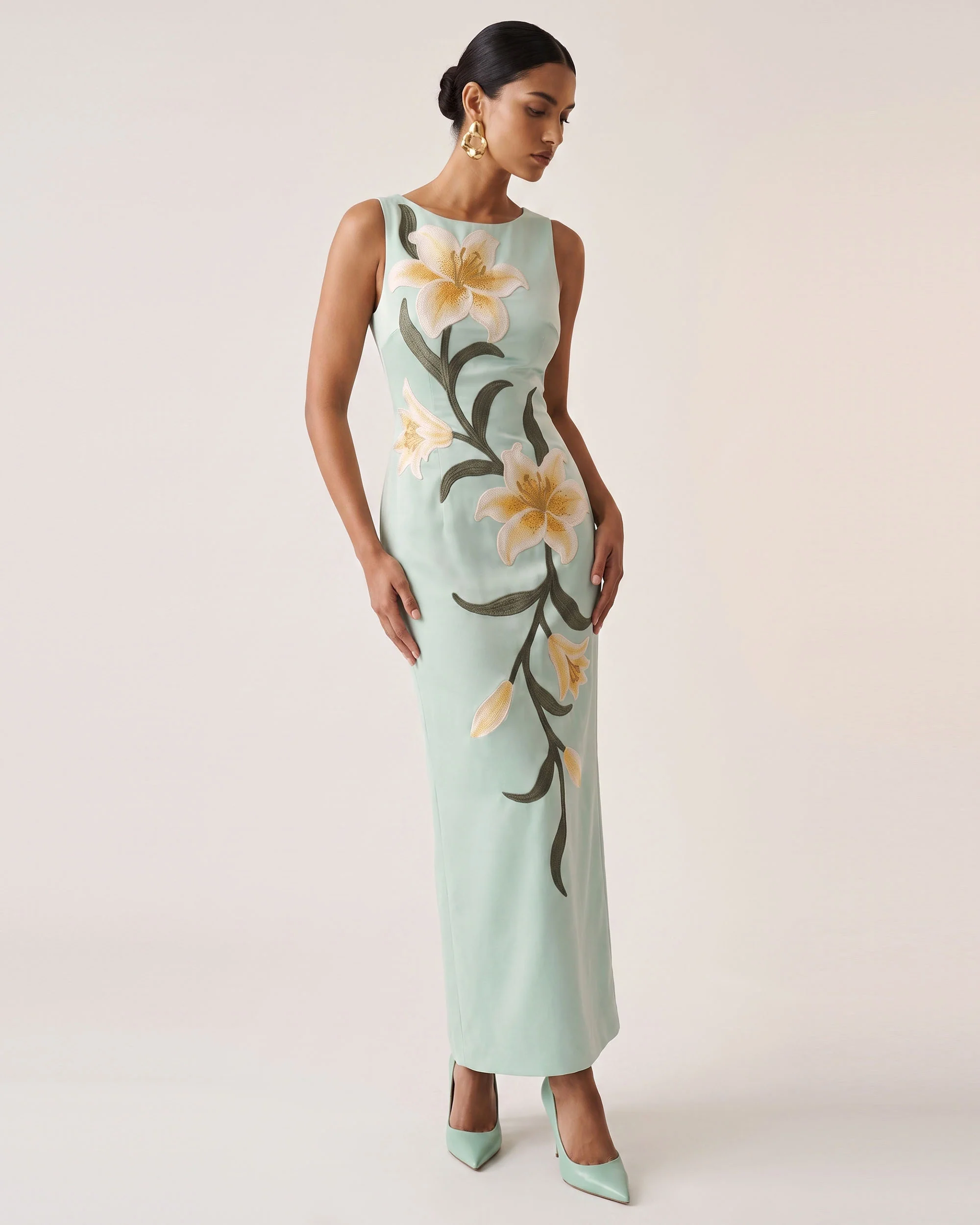 Lily Floral Print Sleeveless Column Maxi Dress - Mint Green - FASHION NOB