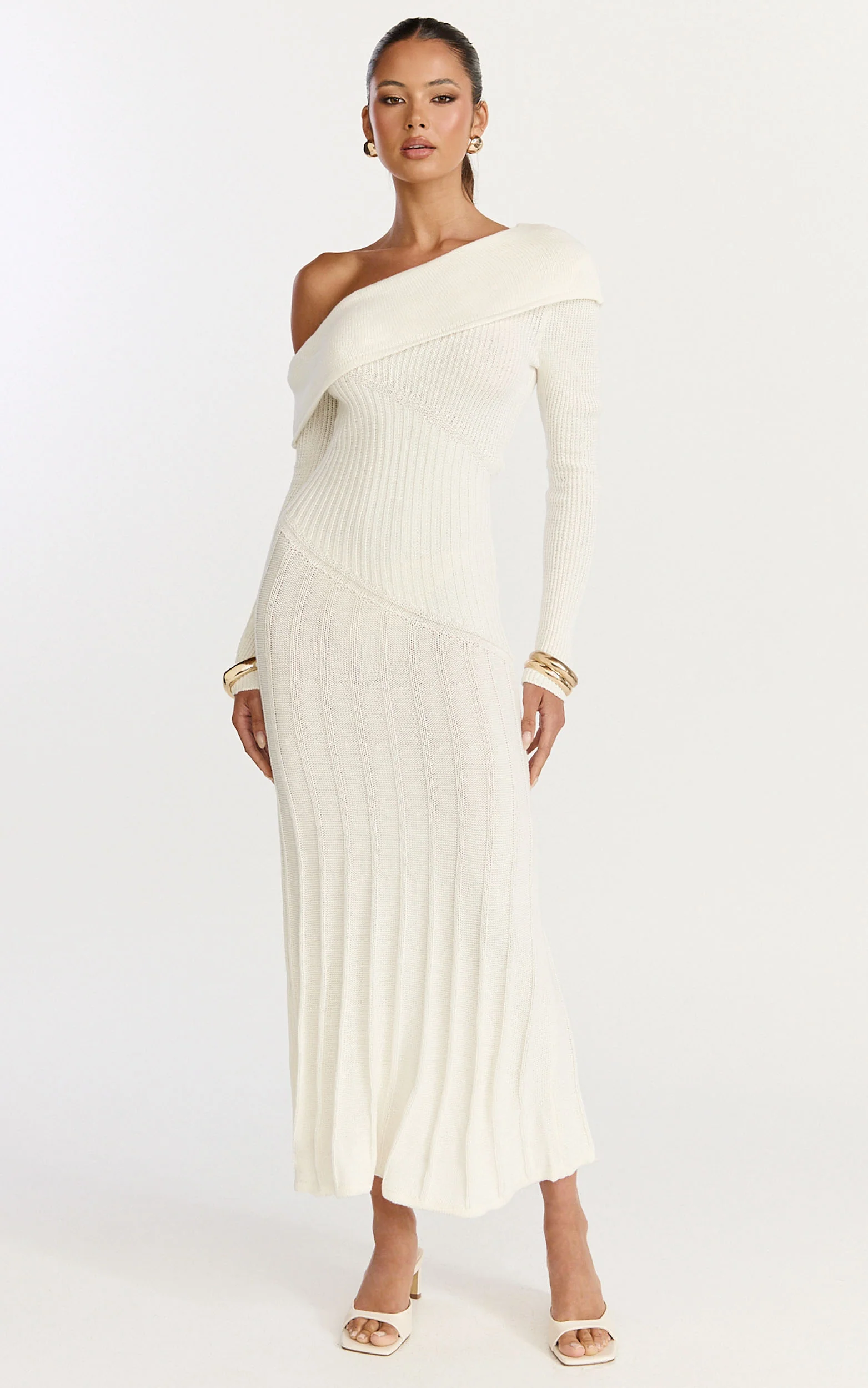 Elaine Midi Dress - Knit Off Shoulder Asymmetric Panel Dress in Cream