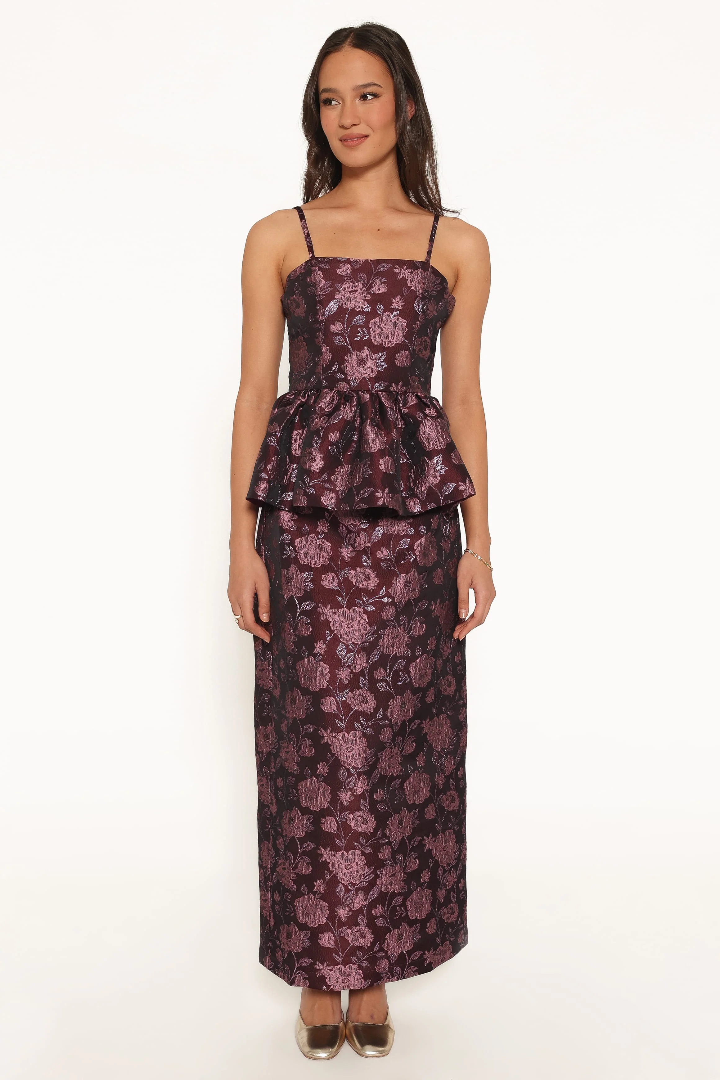Allegro Peplum Top - Plum Brocade