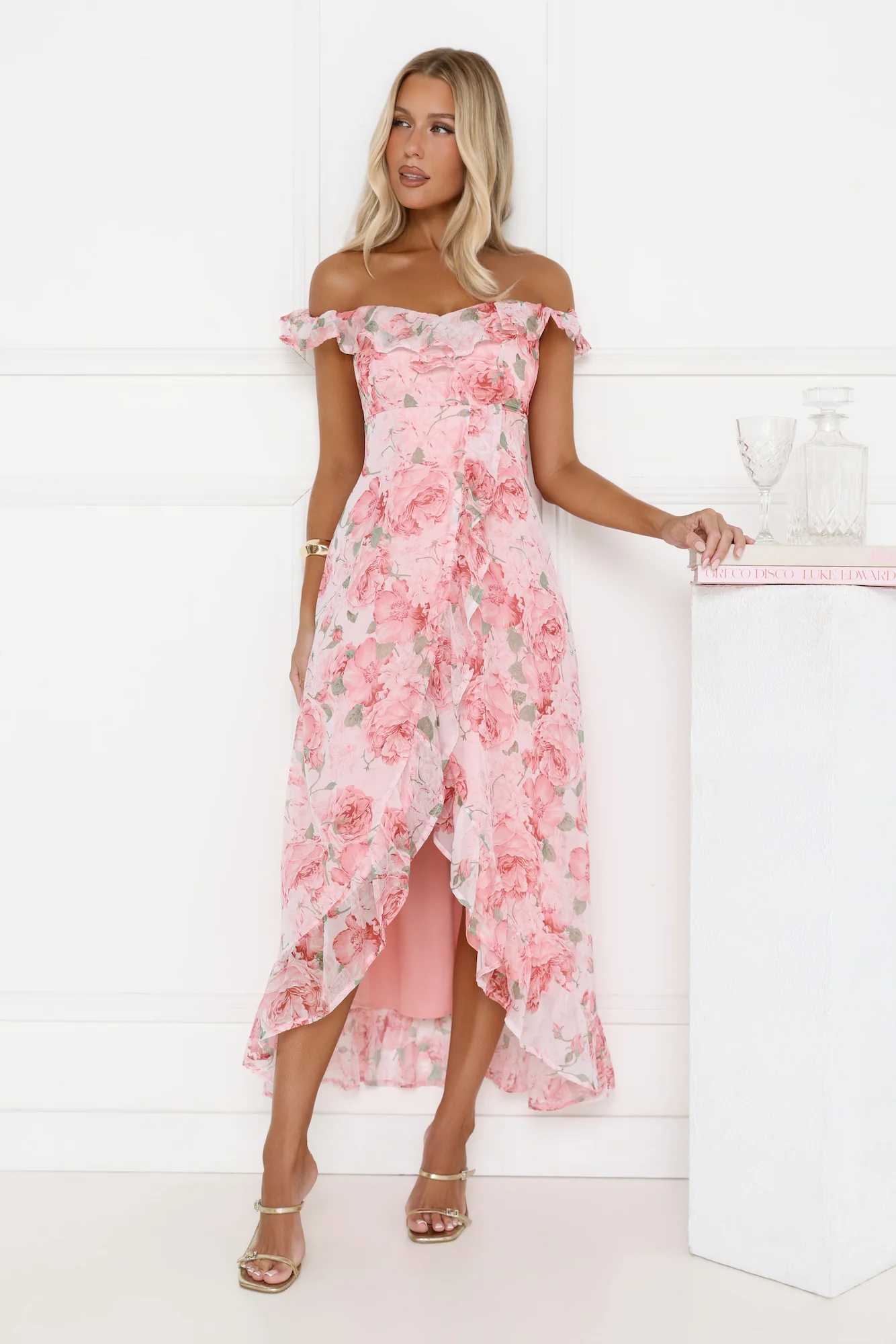 Whispering Blossoms Off Shoulder Maxi Dress Pink