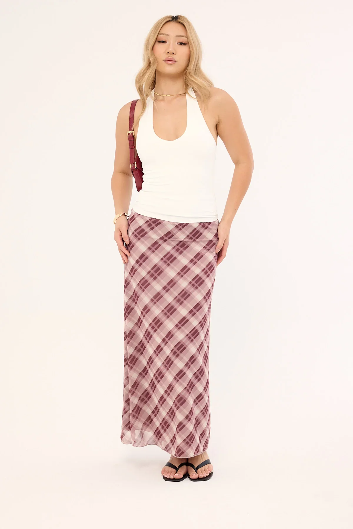 Luck & Trouble Linear Check Maxi Skirt Burgundy Print