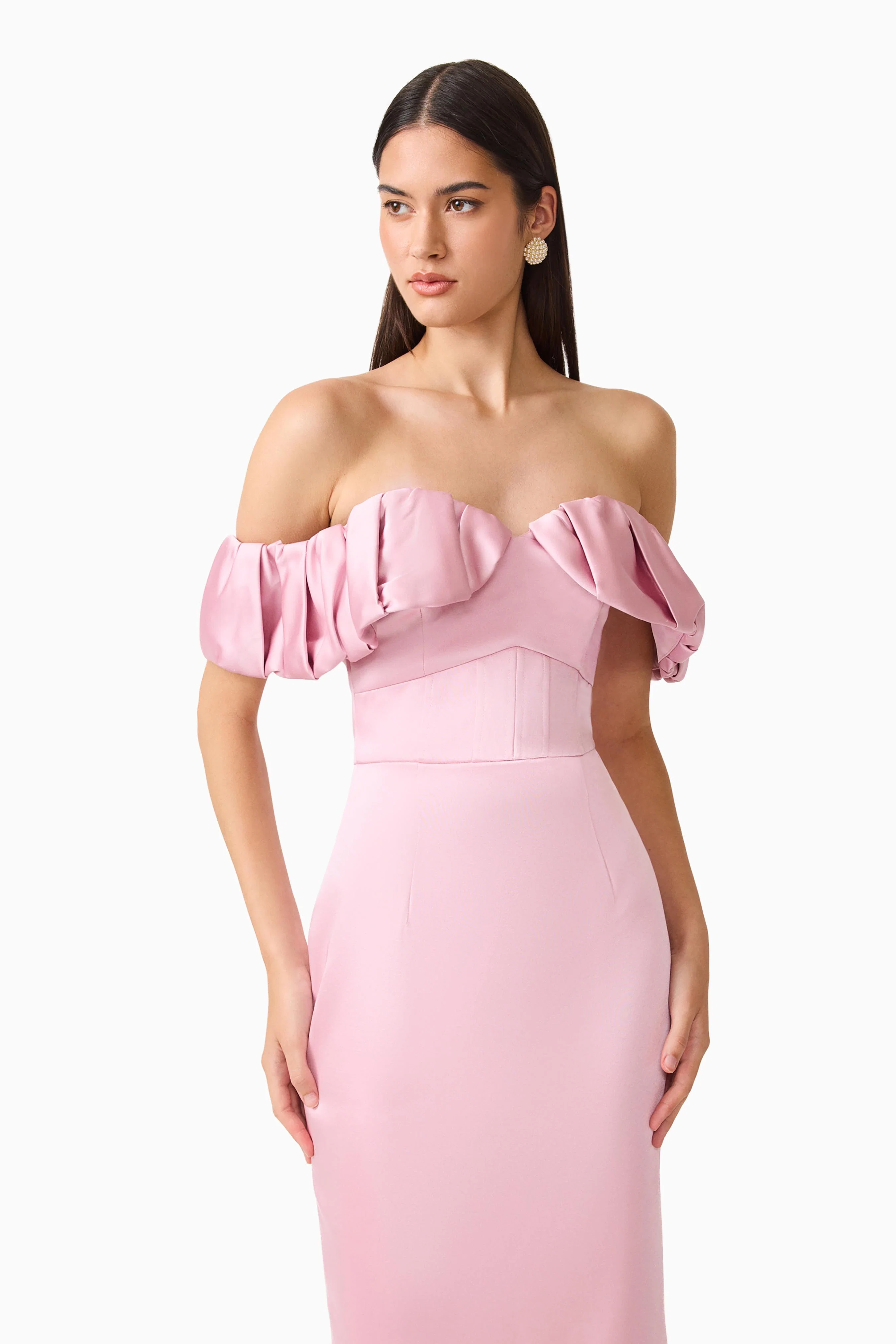 Espera Off Shoulder Midi Dress in Rose Pink