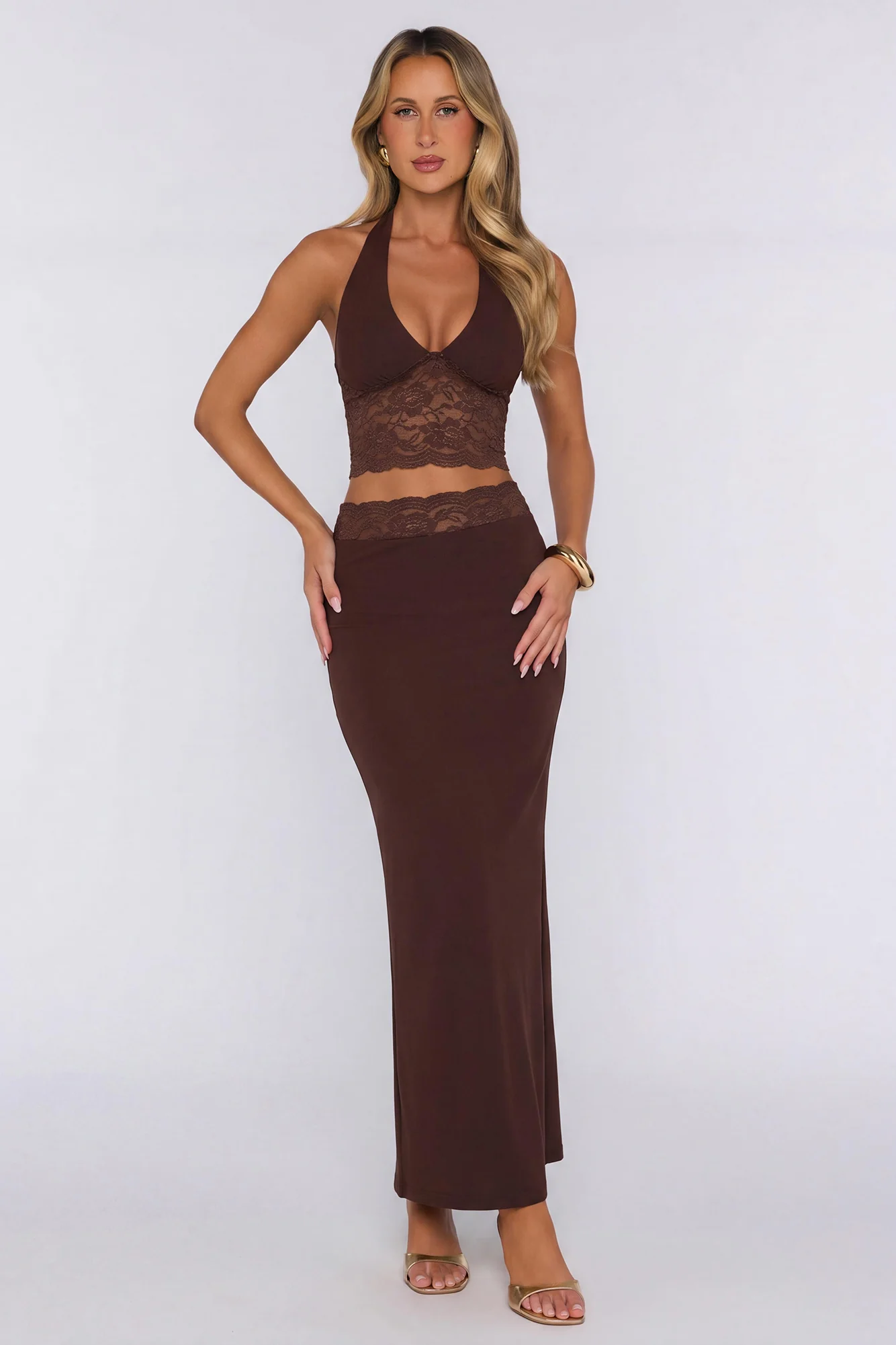 Style That Stays Halter Lace Crop Top Brown