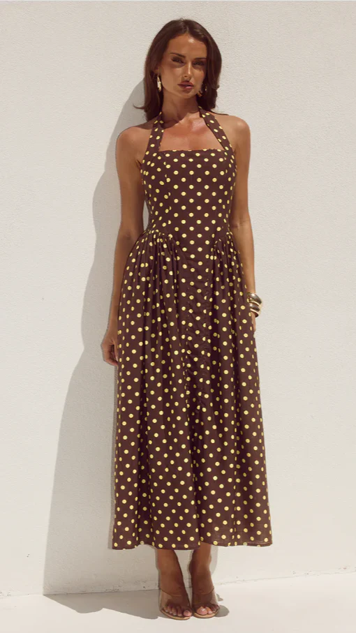 Sammi Halter Midi Dress - Choc/Lemon Polka
