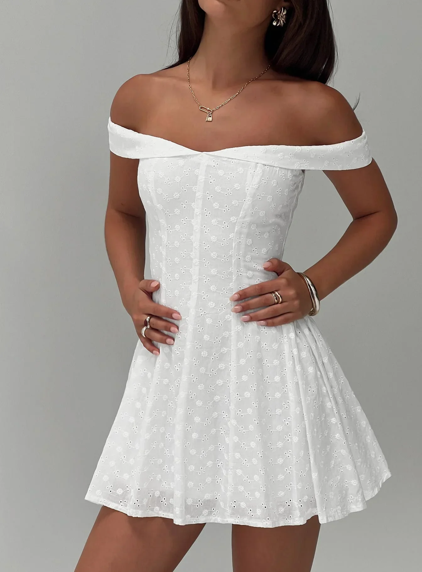 Rosebud Broderie Off The Shoulder Mini Dress White - luluinthesky
