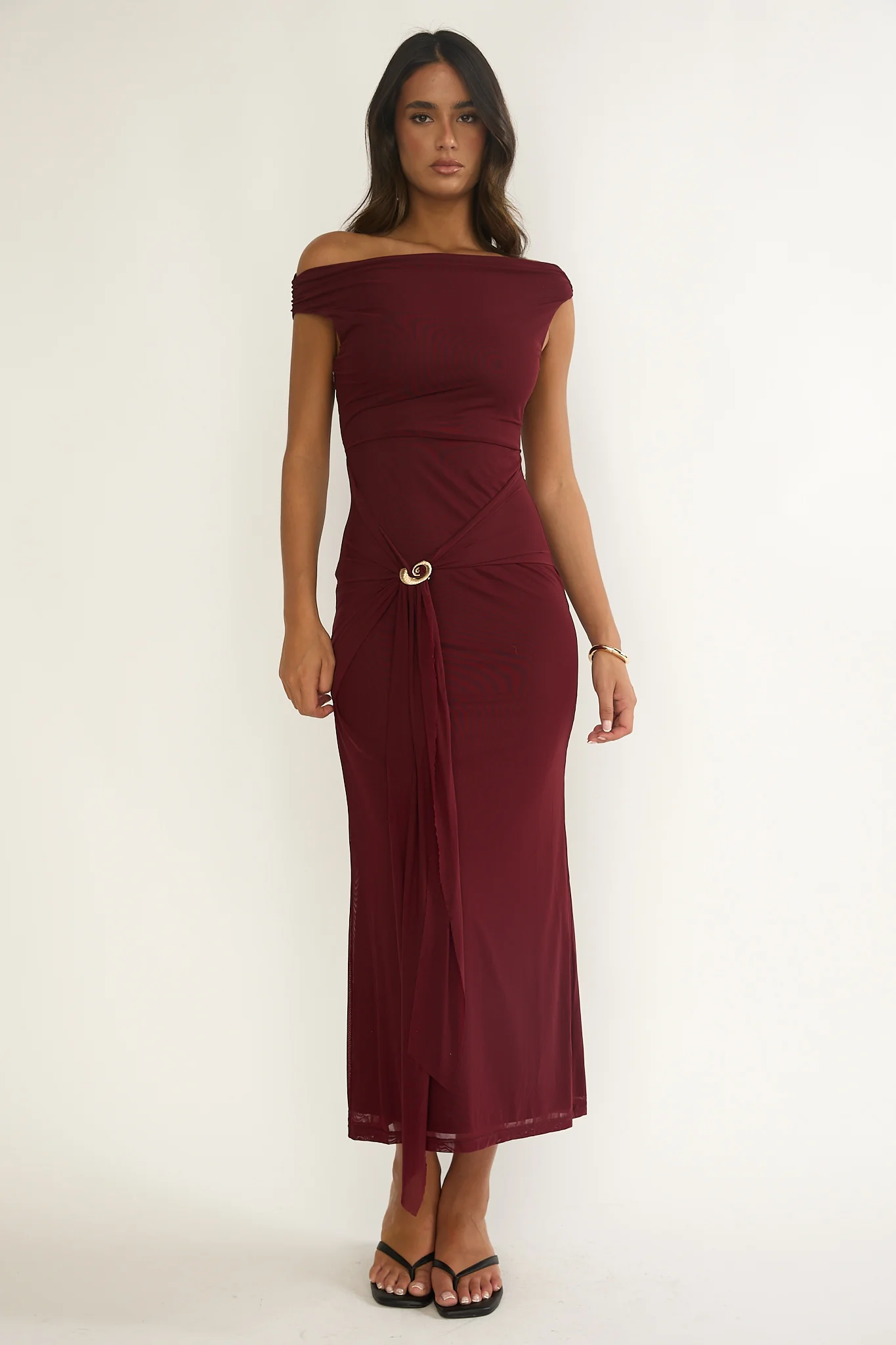 Lyssia Off-Shoulder Waist Sash Maxi Dress Cherry