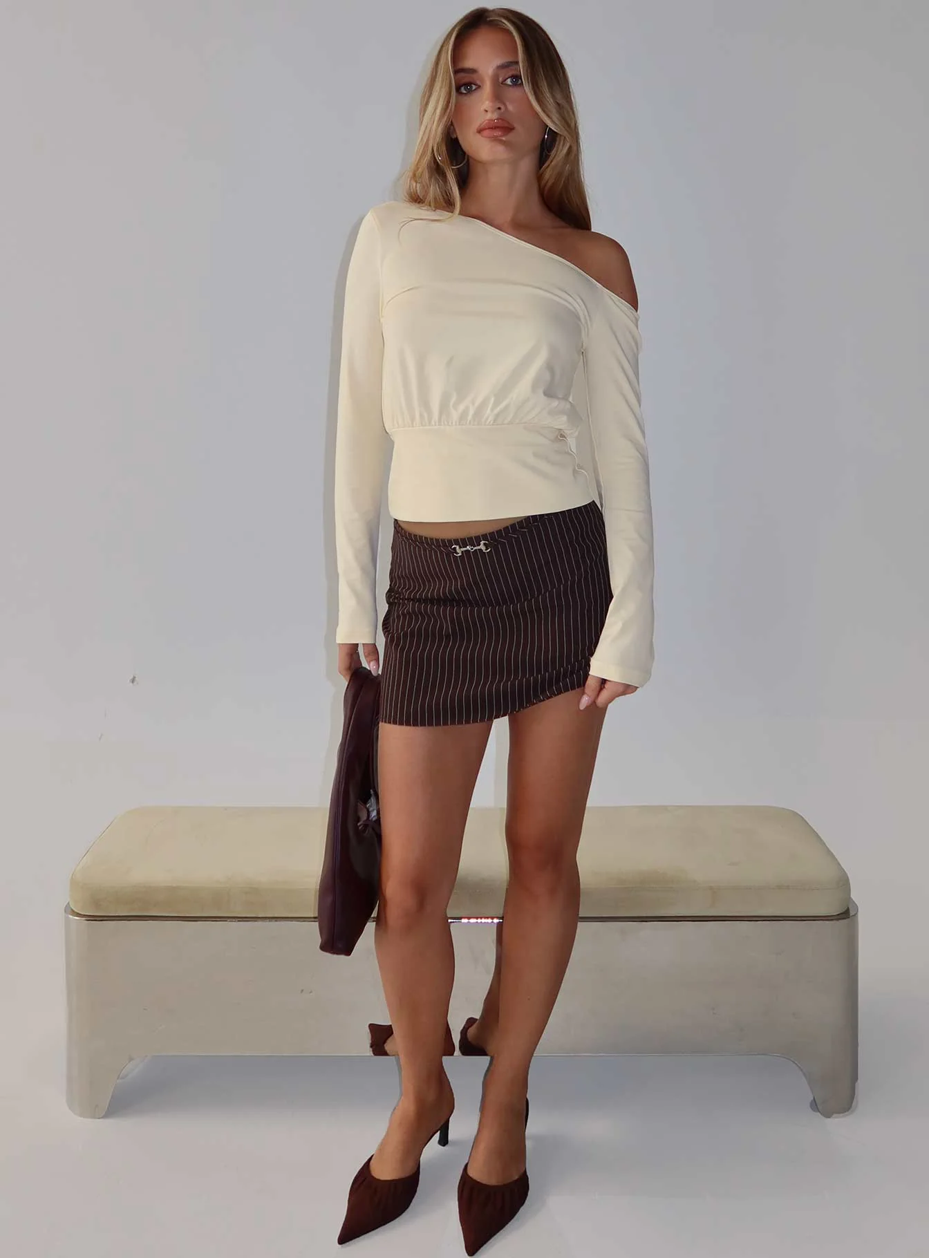Yellena Buckle Mini Skirt Brown Pinstripe