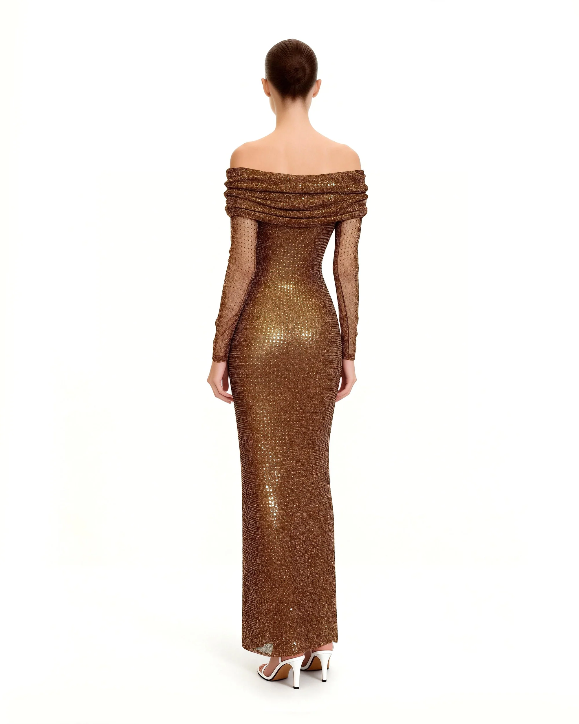 Rhinestone Mesh Off-Shoulder Maxi Dress - Brown - FASHION NOB