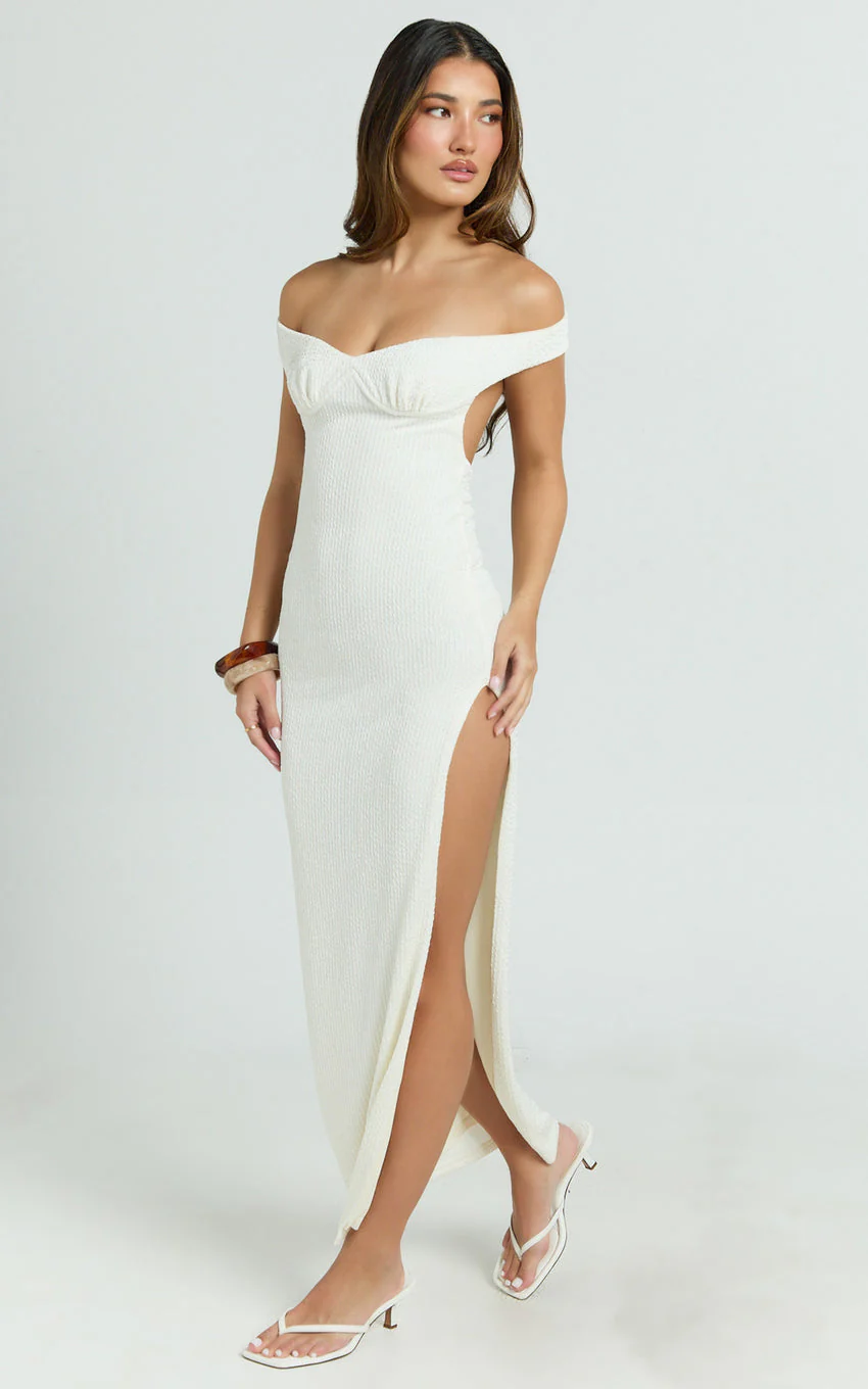 Anziel Maxi Dress - Underwire Off Shoulder Backless Column Jersey Tie Back in Off White - luluinthesky