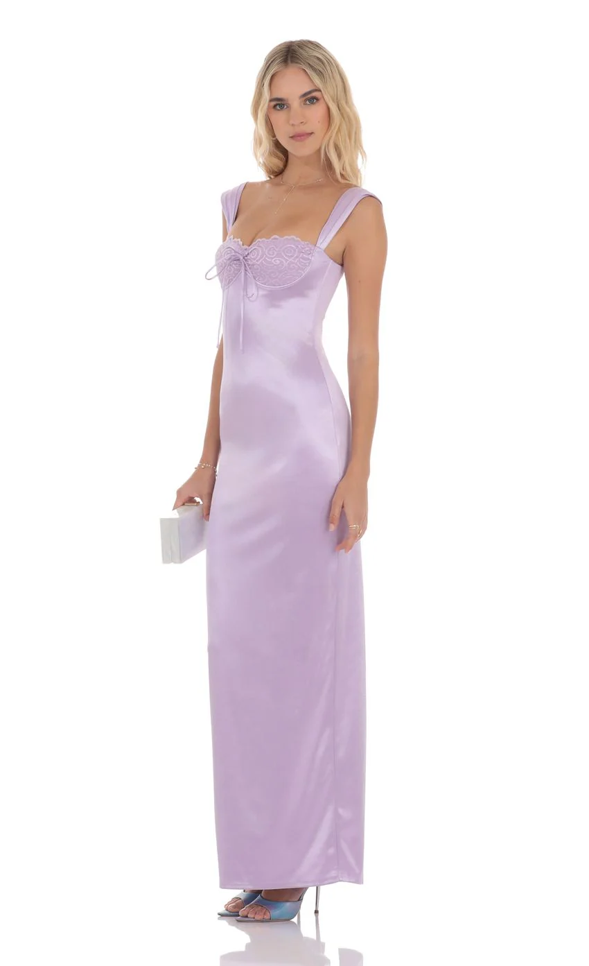 Satin Lace Maxi Dress in Lavender - luluinthesky