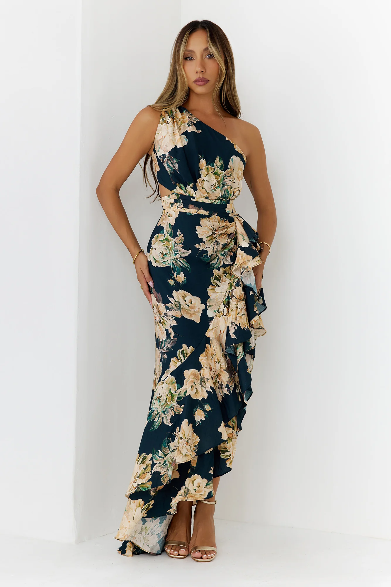 Floral One Shoulder Cutout Maxi Dress Navy