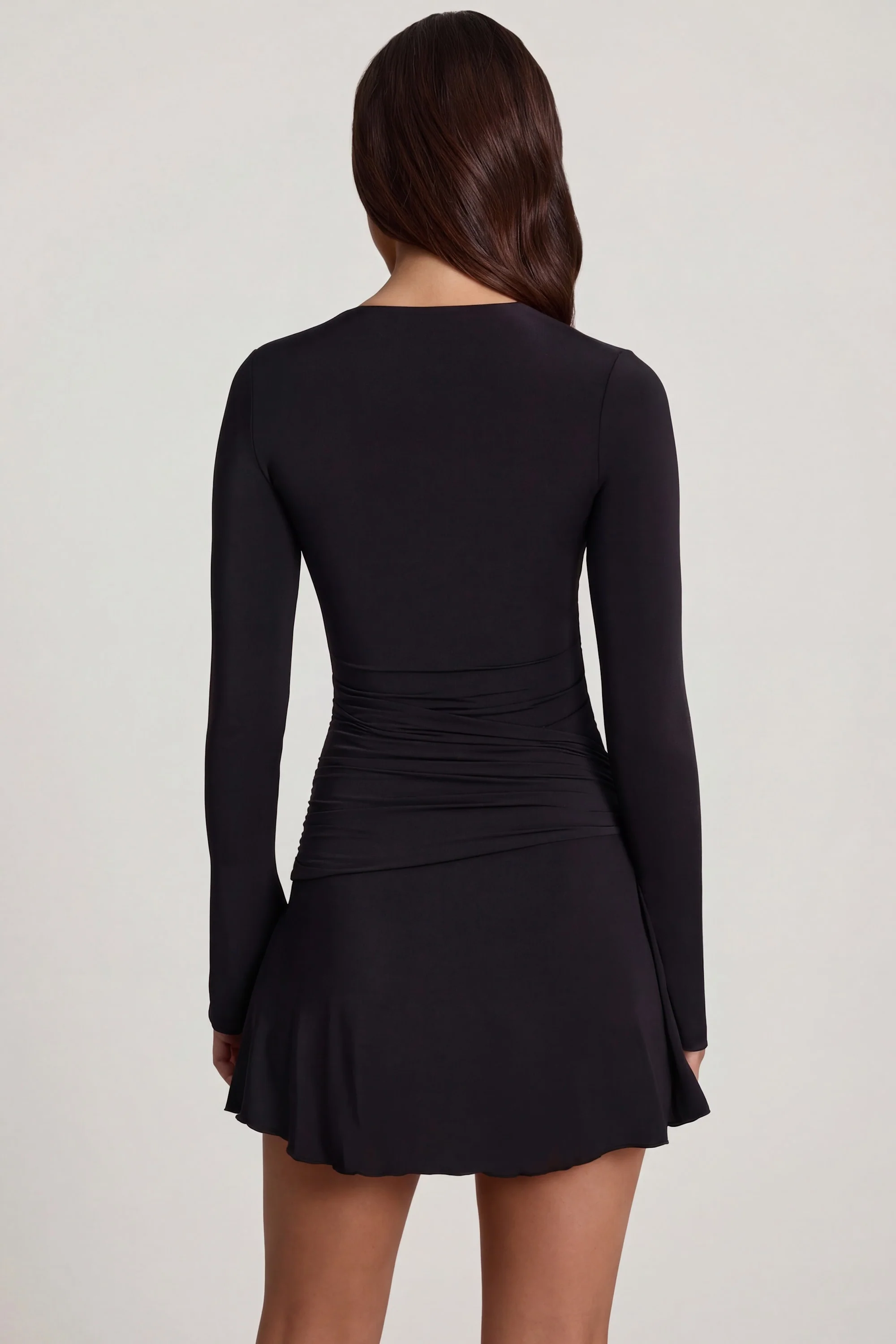 Soft Jersey Scoop-Neck Flared Mini Dress in Black