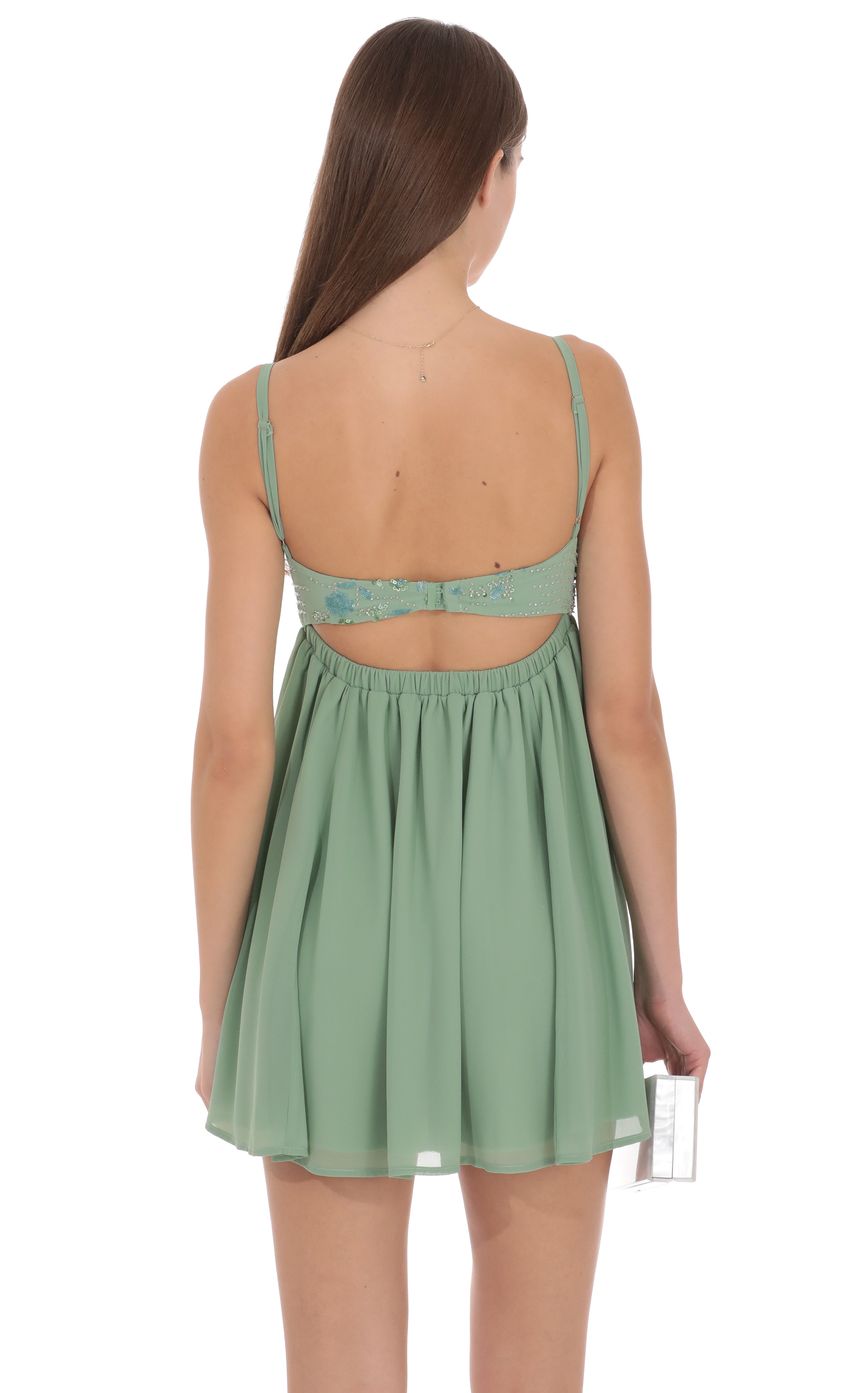 Beaded Bust Babydoll Mini Dress in Sage
