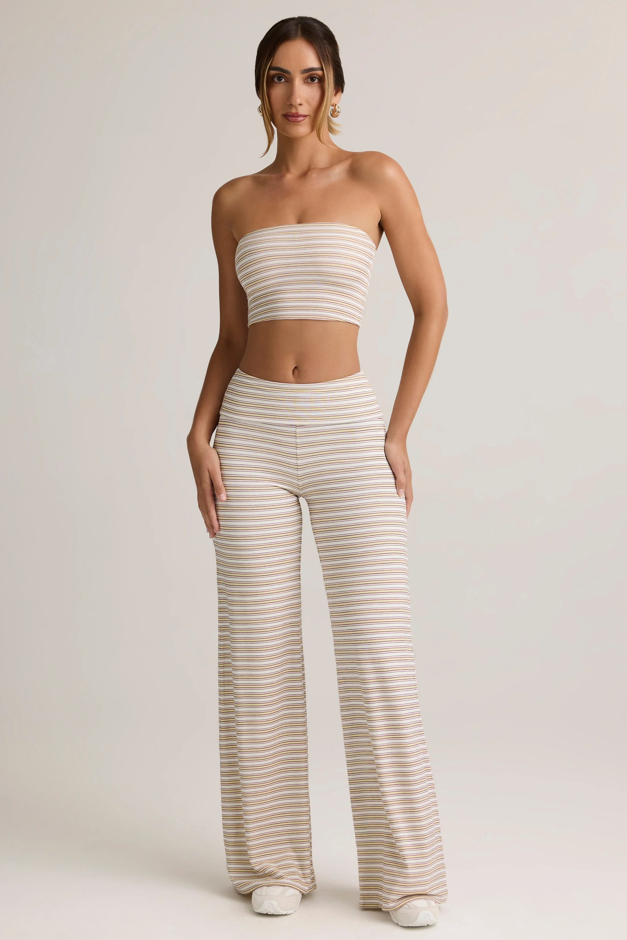 Modal Foldover Wide-Leg Trousers in Pink & Yellow Stripe