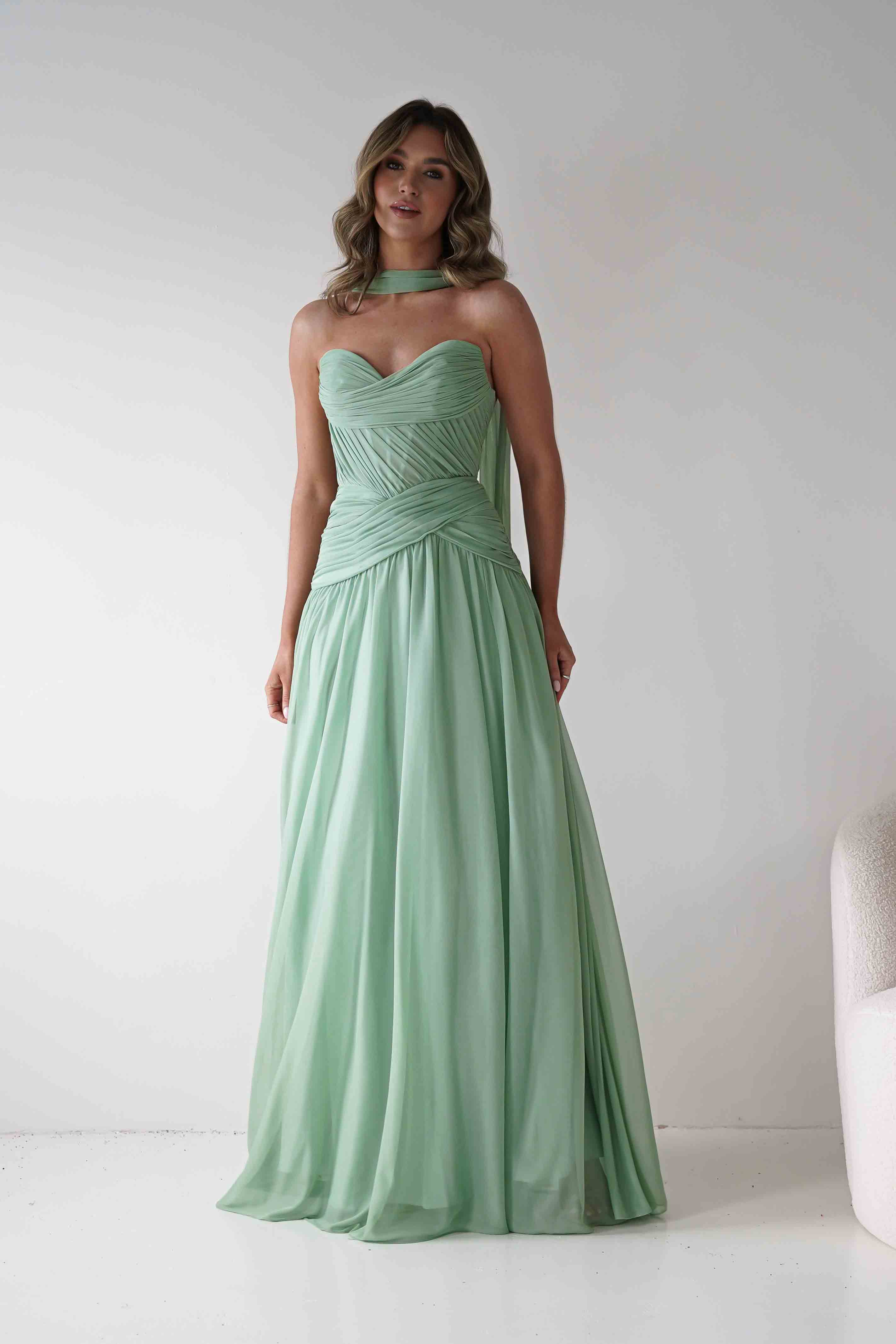 Nicolette Strapless Chiffon Maxi Gown | Sage