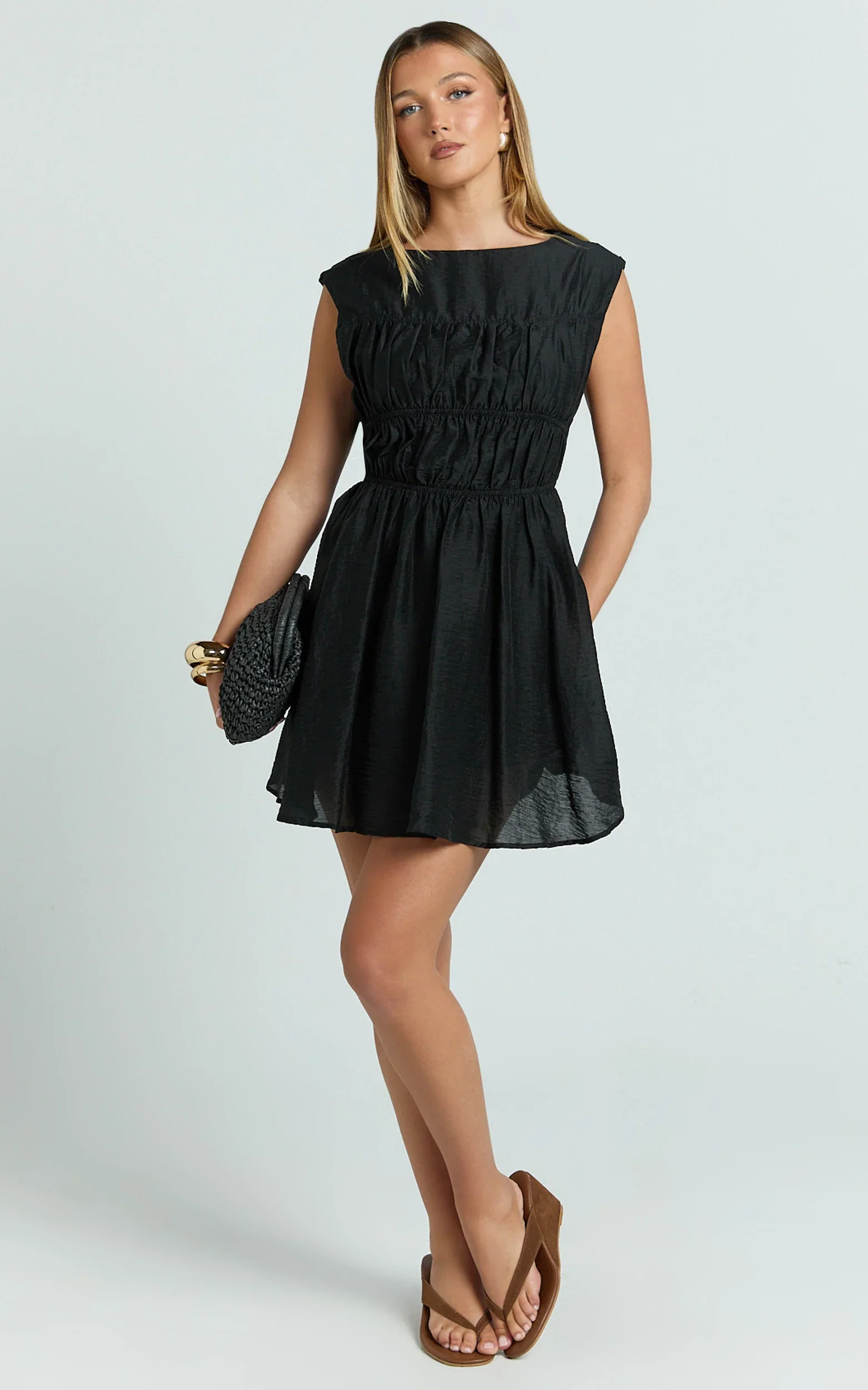Faith Mini Dress - Sleeveless Ruched Bodice Dress in Black