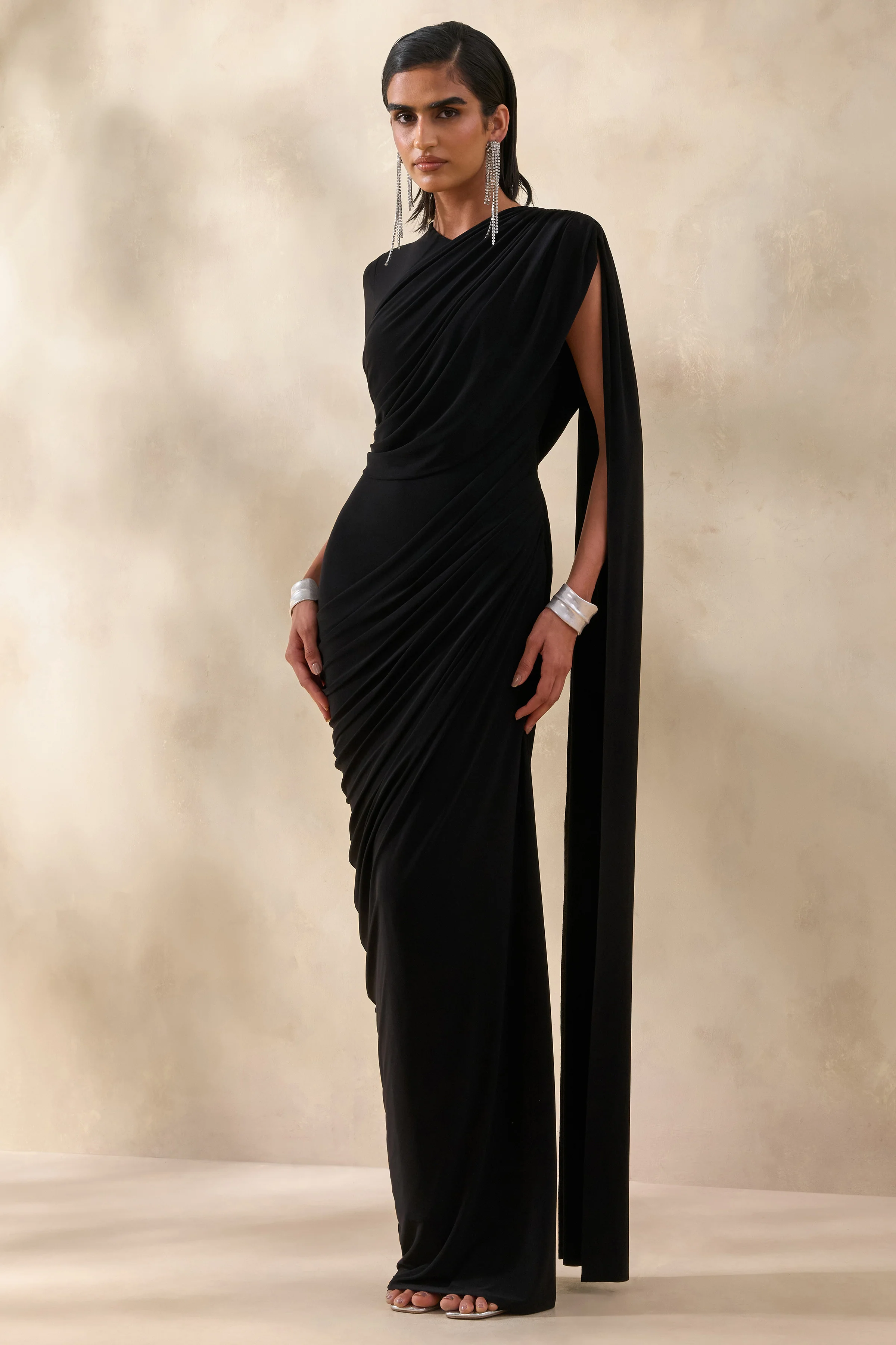 Gisara | Black High-Neck Maxi Dress With Sash And Draped-Detailing