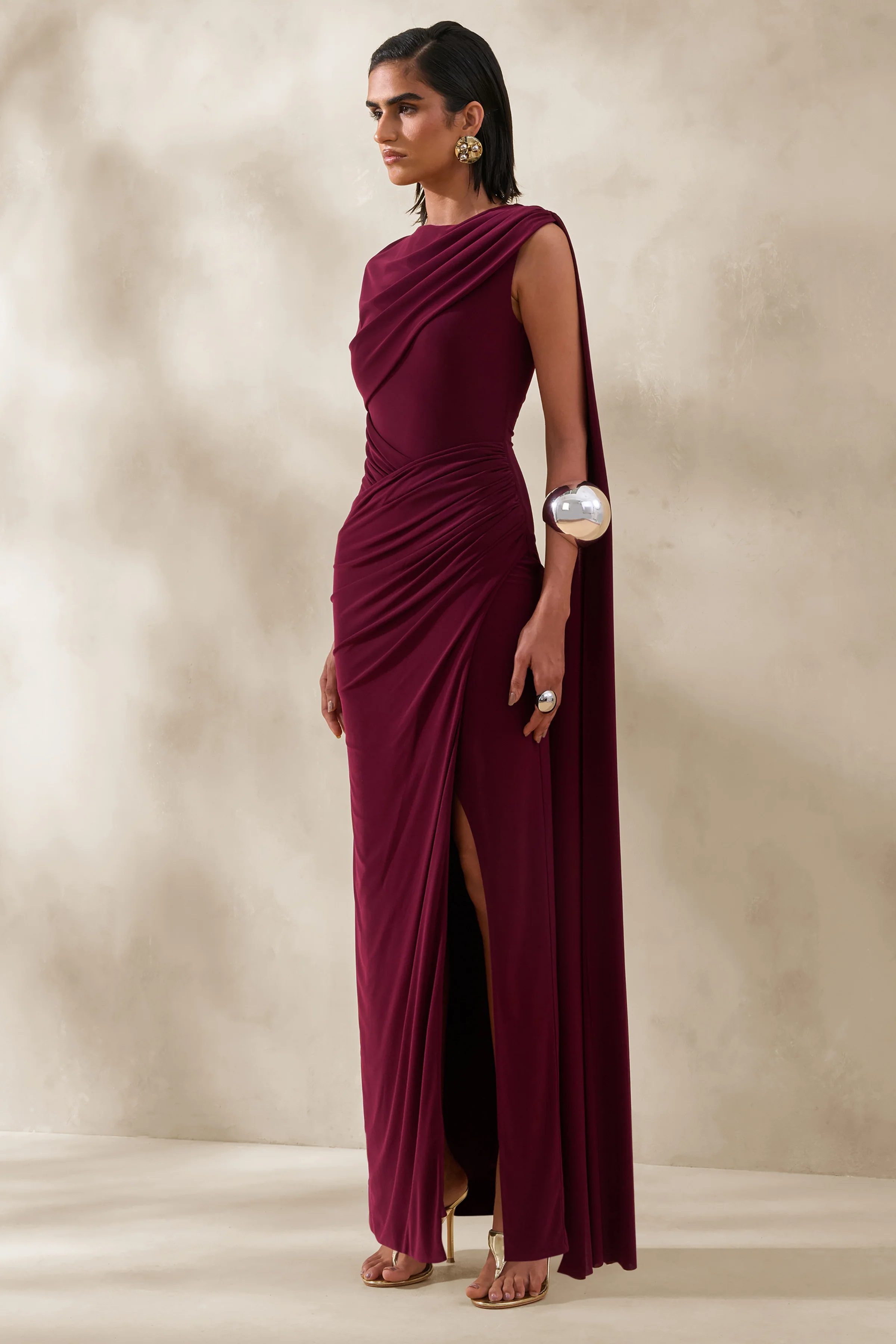 Palomara | Burgundy Round-Neck Maxi Dress With Sash And Front-High Split