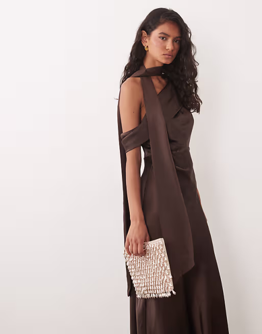 Six Stories Bridesmaid satin drape detail one shoulder maxi dress in chocolate