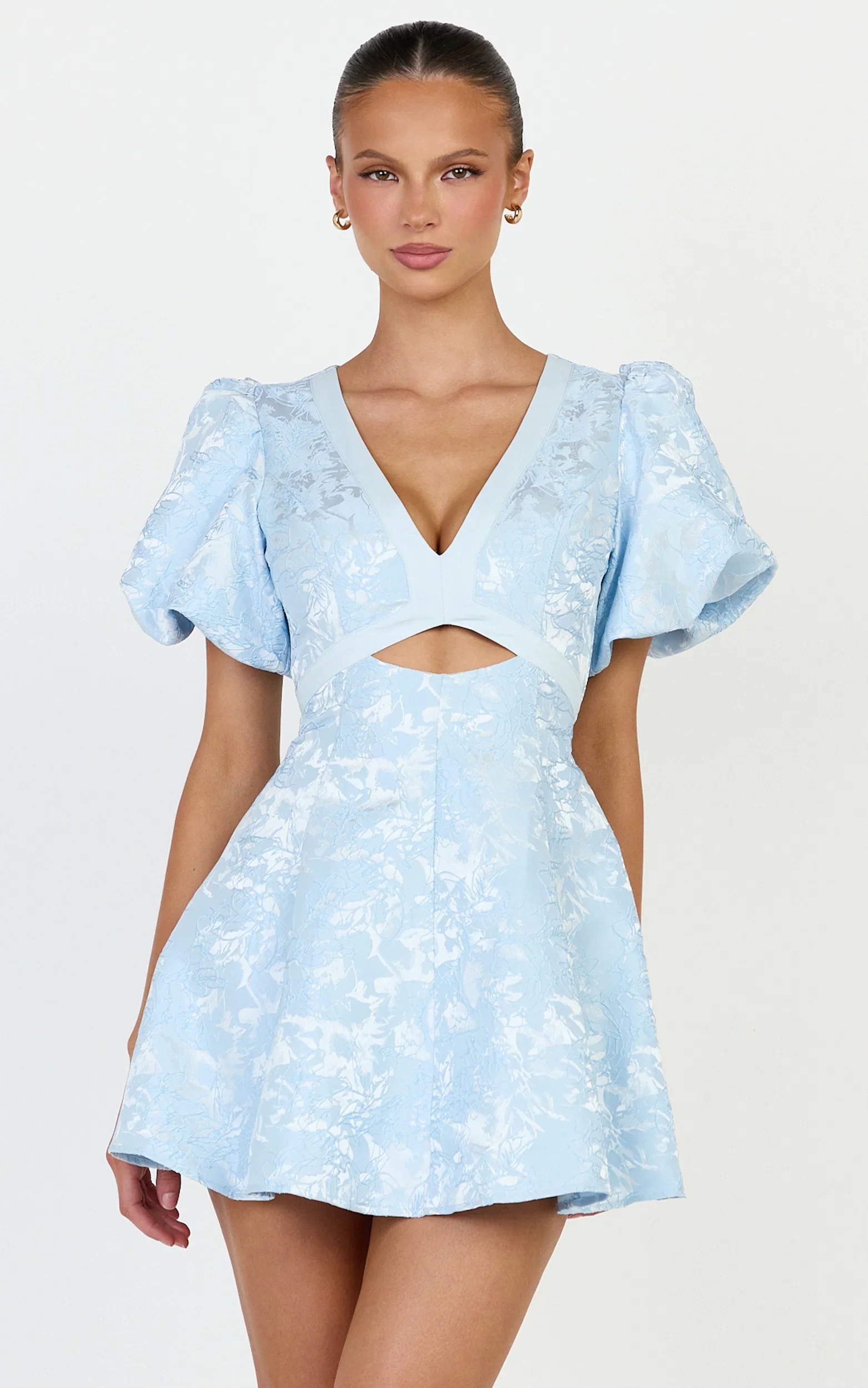 Rosalie Mini Dress - Floral Jacquard V Neck Fit and Flare Dress in Blue