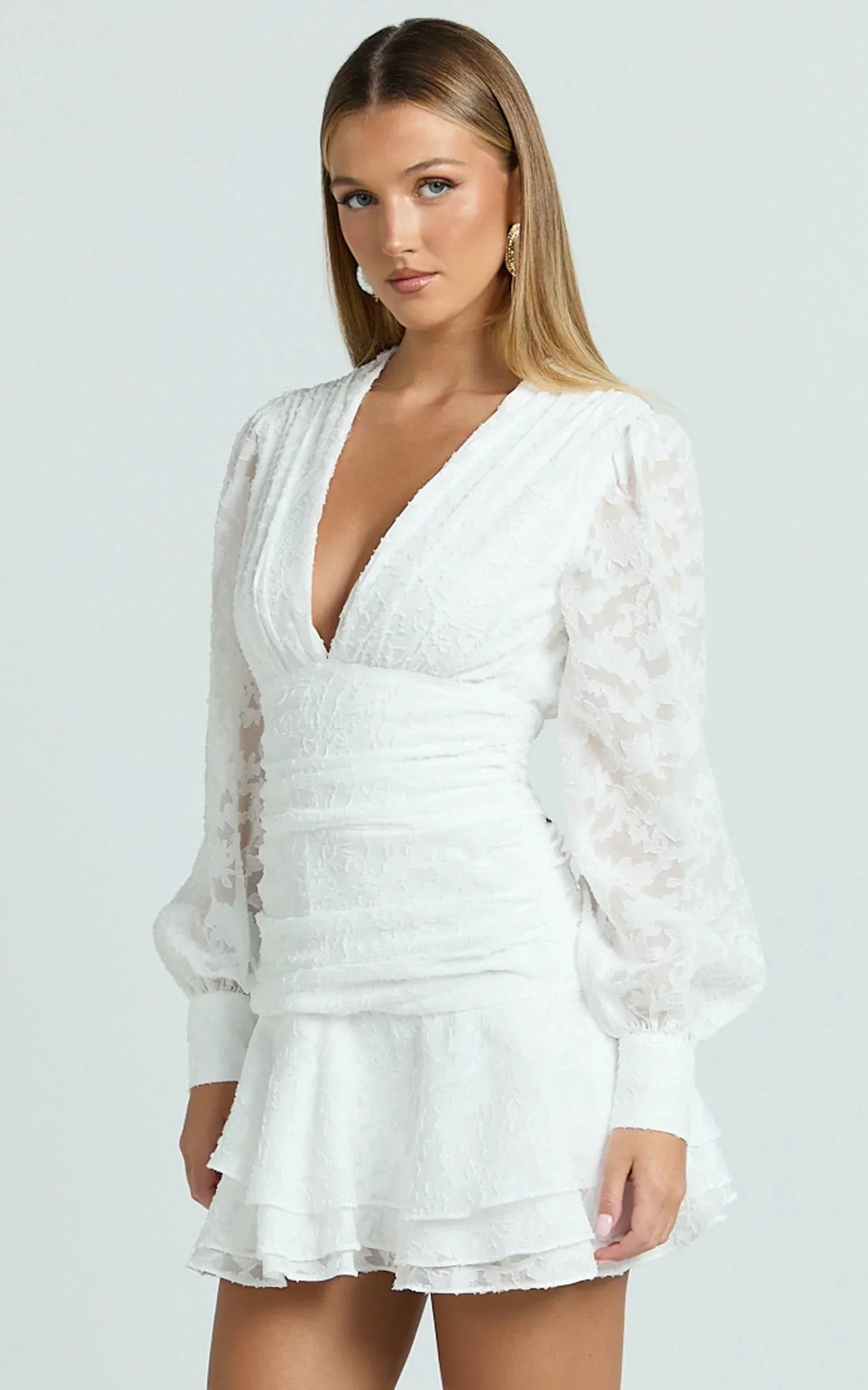 Bijou Mini Dress - Embroidery Long Sleeve Dress in White - FASHION NOB