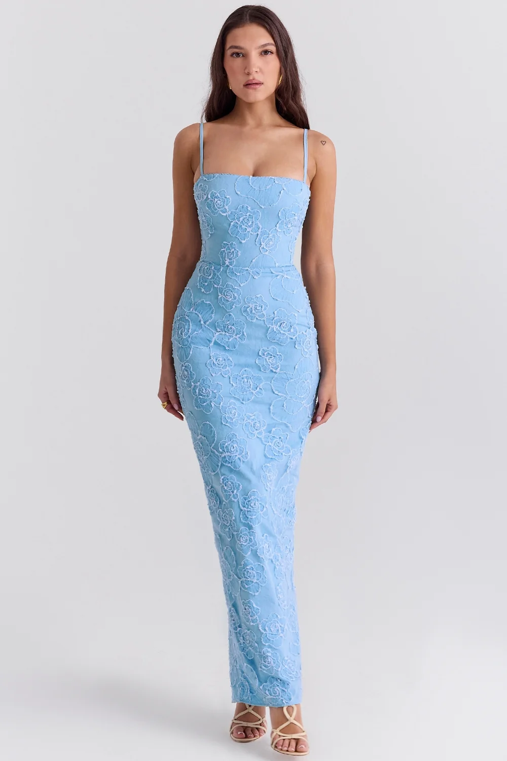 Tuscan Blue Embroidered Floral Maxi Dress