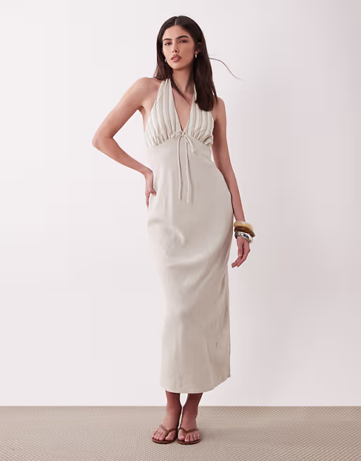 halter neck linen look slip maxi sundress with striped bust in neutral