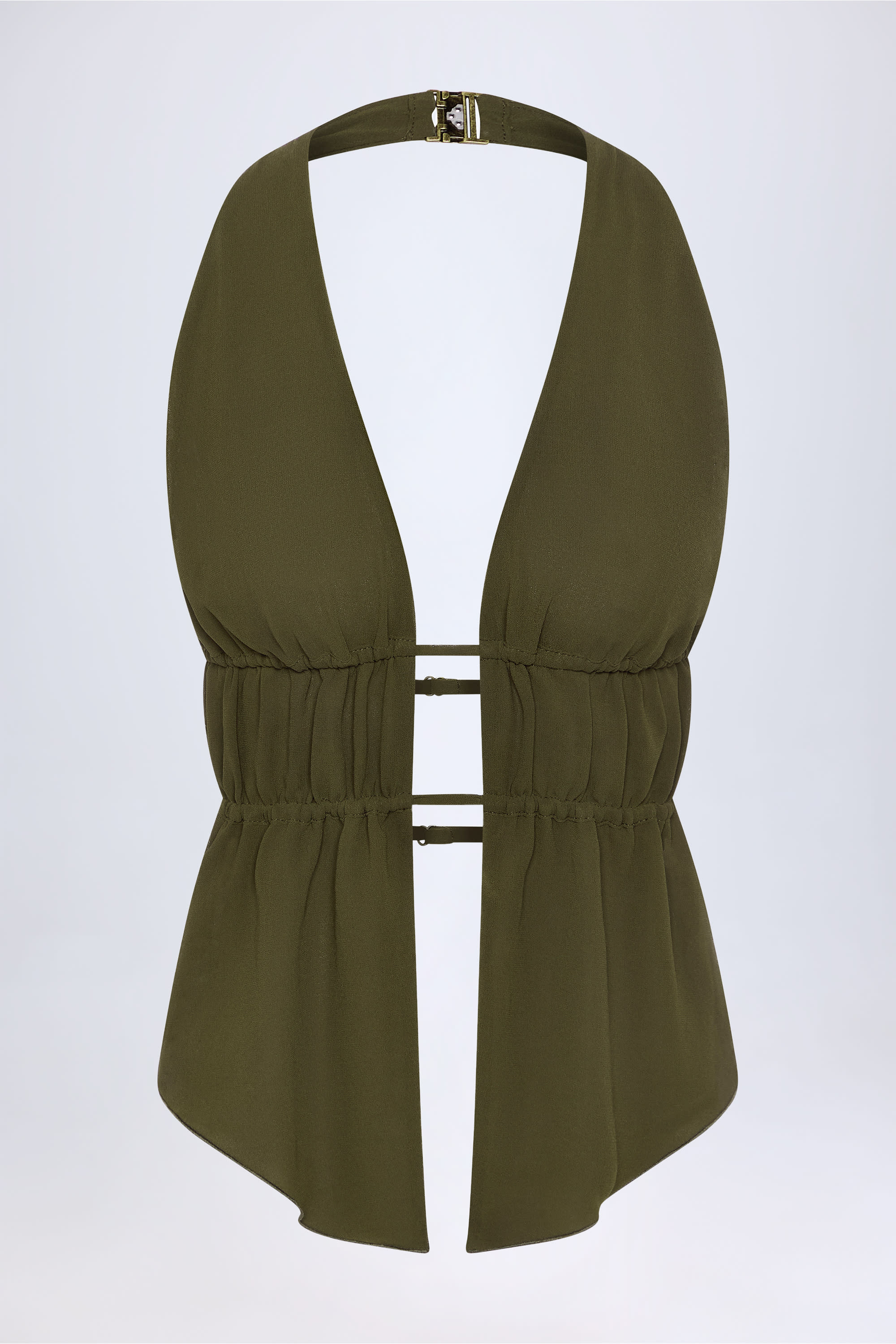 Cut-Out Semi-Sheer Ruched Halterneck Crop Top in Dark Khaki