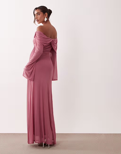 mesh off the shoulder draped neck long sleeve maxi dress in pink