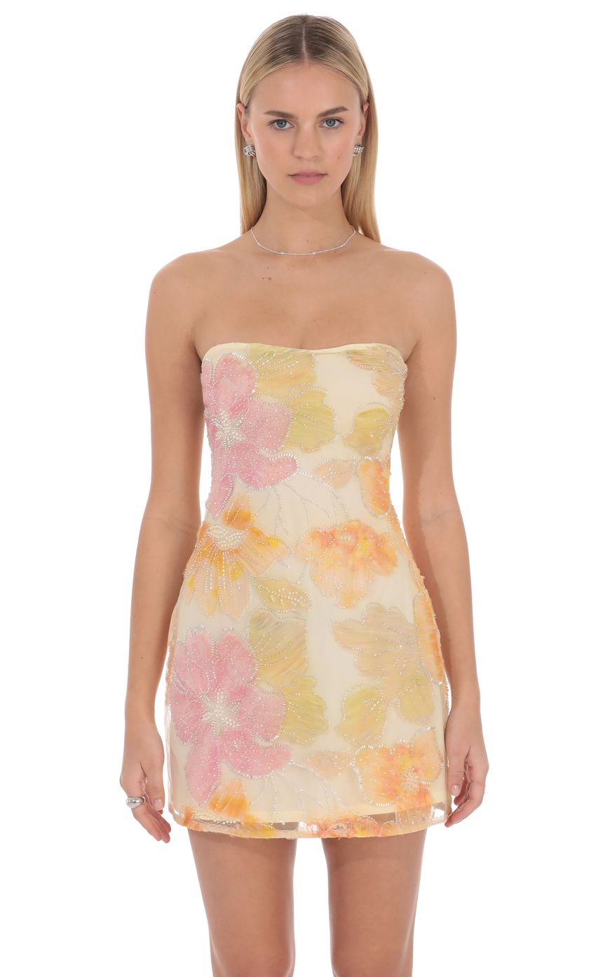 Floral Strapless Mini Dress in Cream