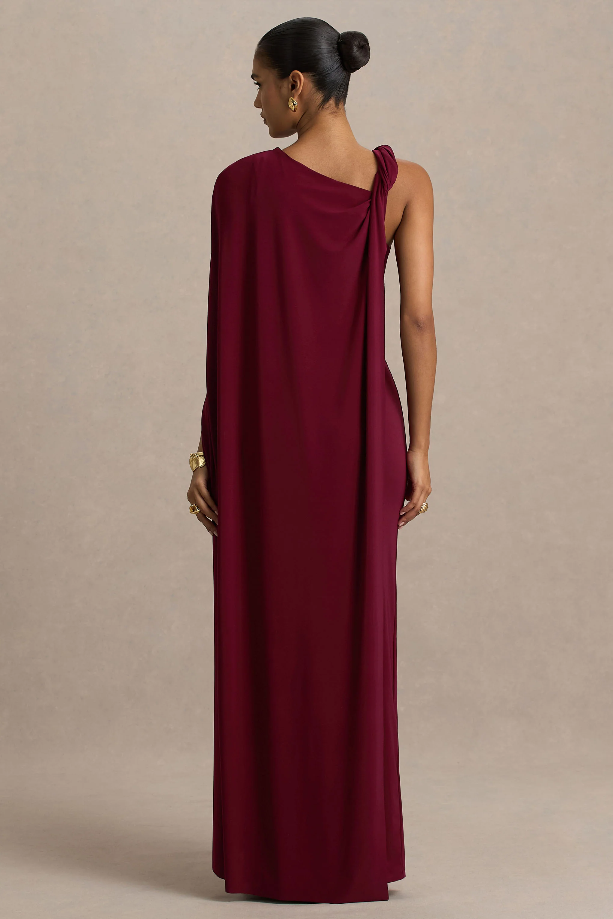 Cressida | Burgundy Asymmetric-Neck Maxi Dress With Cape And Gold Detail