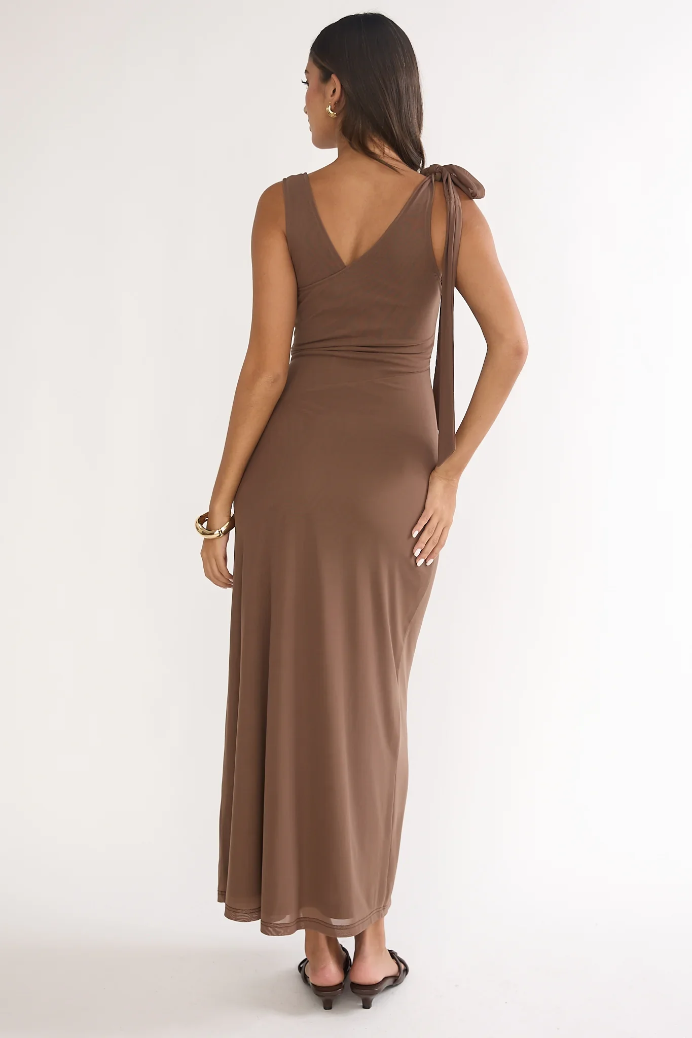 Cavelle Tie Shoulder Mesh Maxi Dress Chocolate