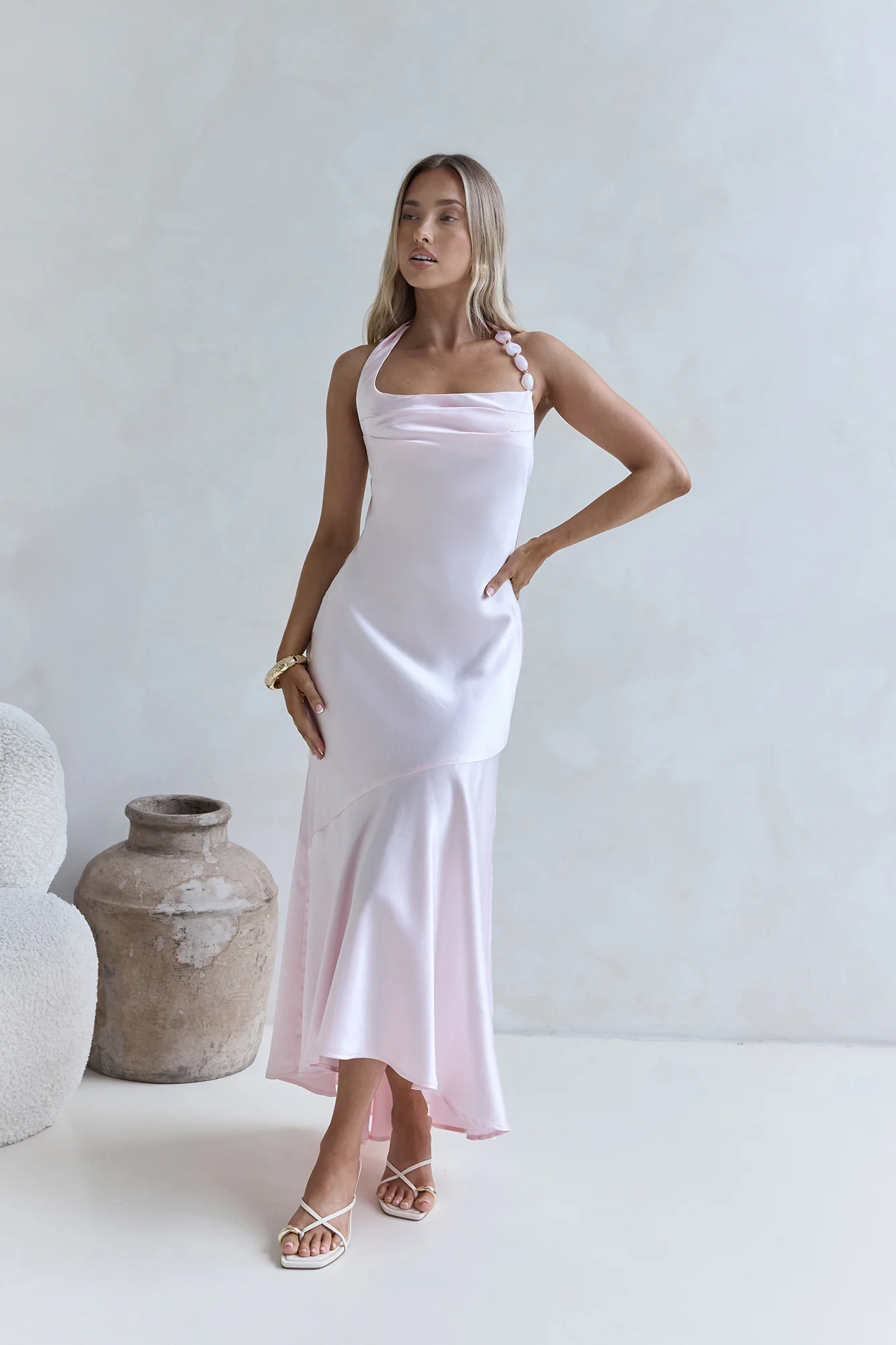 Lucky In Life Satin Halter Maxi Dress Pink