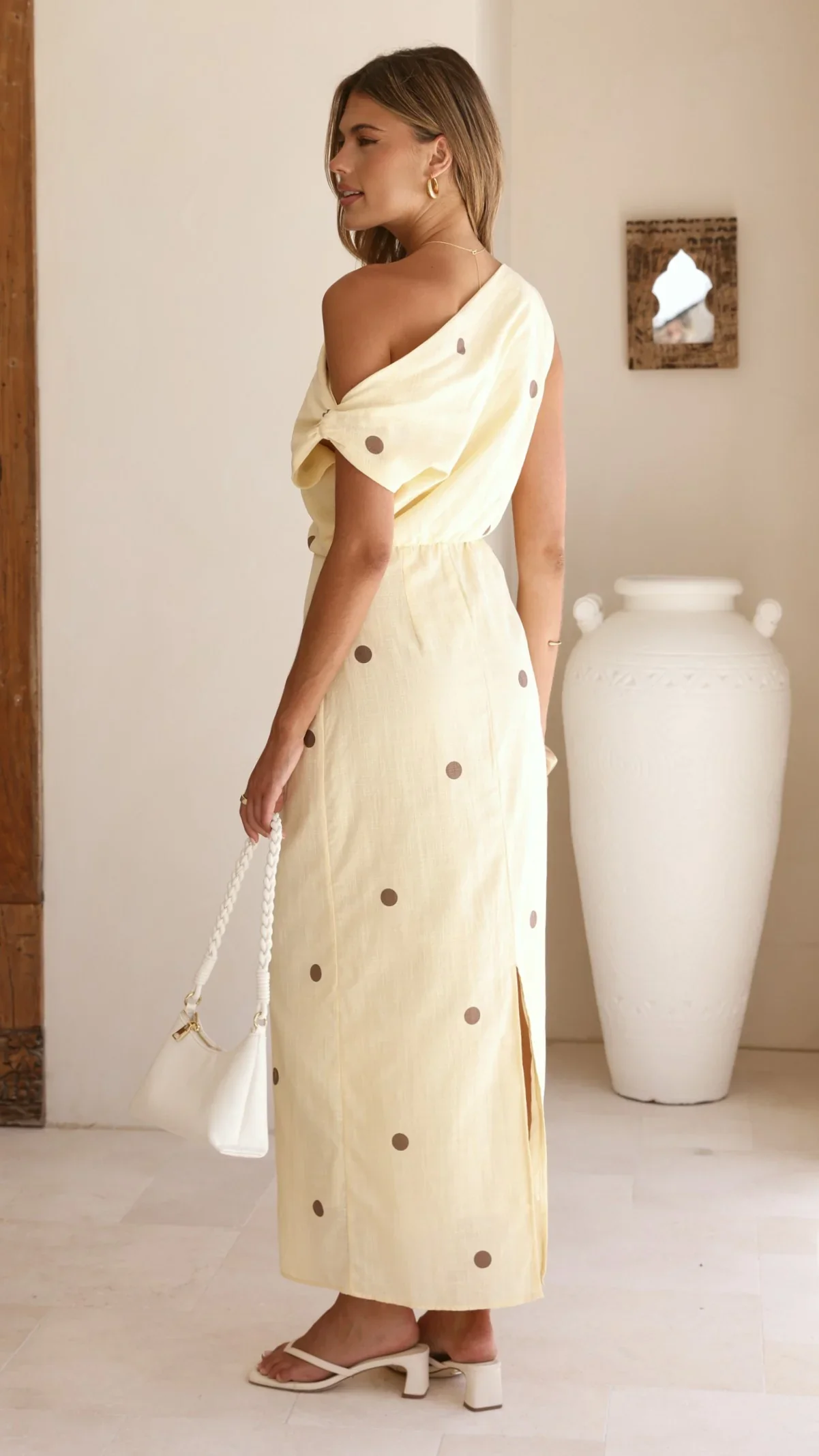 Luci Off Shoulder Maxi Dress - Yellow/Chocolate Polka