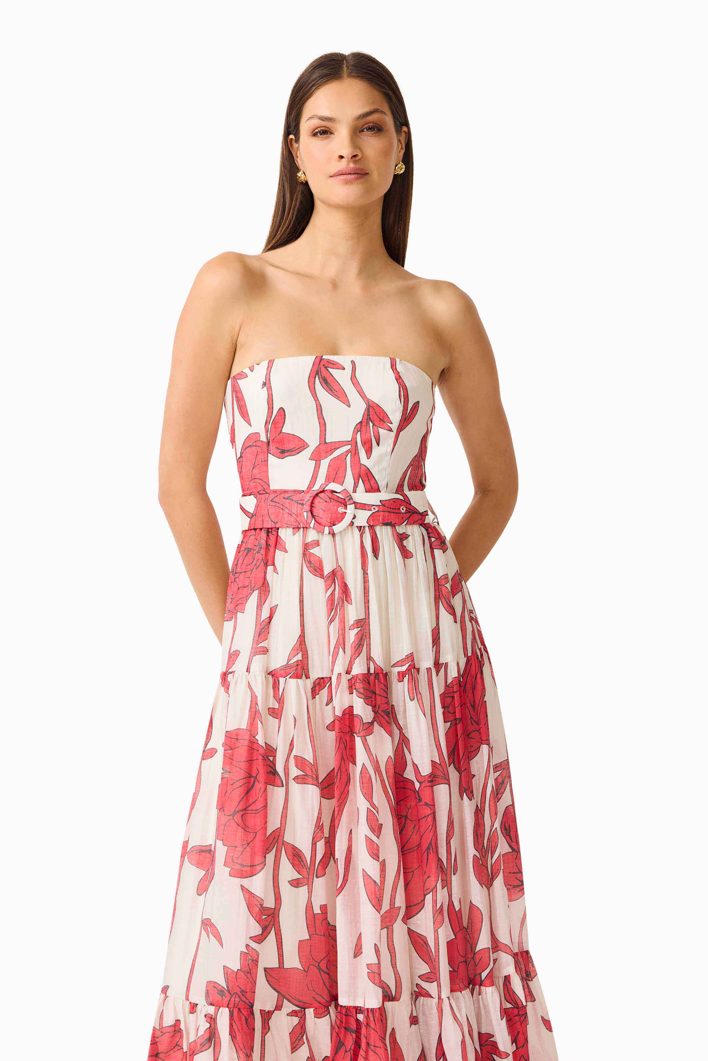 CURAAE Viva Belted Maxi Dress in White and Red