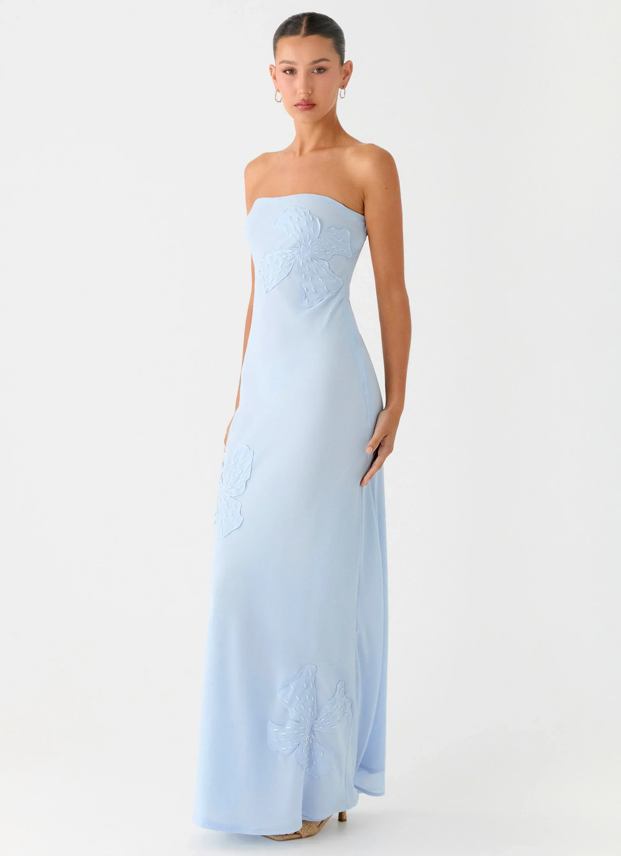 Sassafras Beaded Flower Strapless Maxi Dress - Blue - luluinthesky