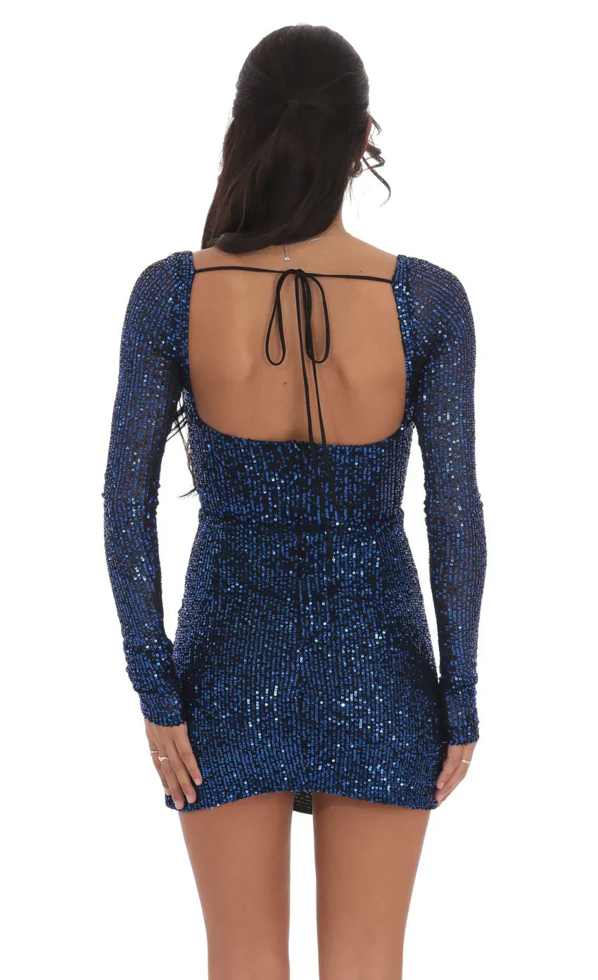 Blue Sequin V-Neck Long Sleeve Dress in Black