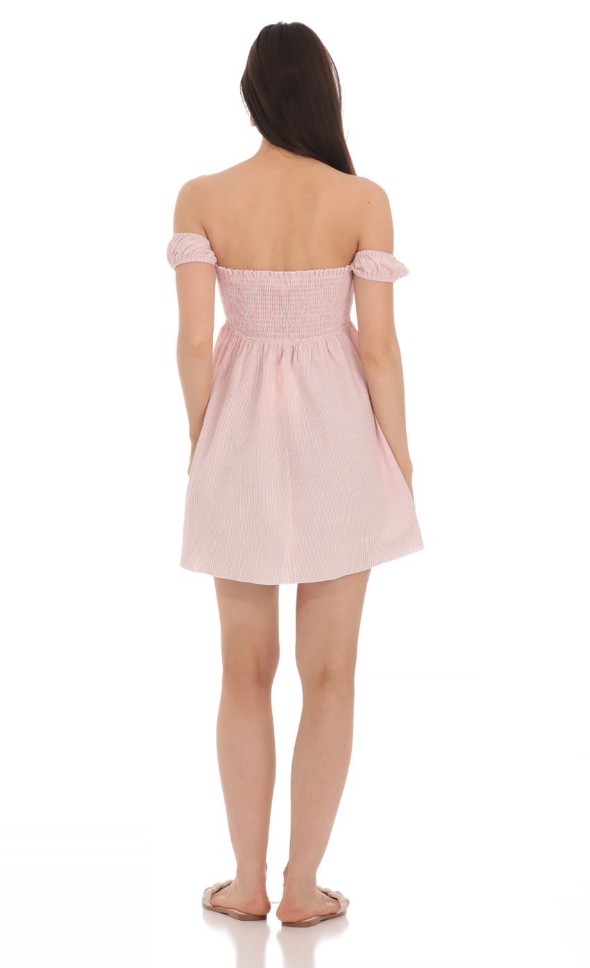 Striped Smocked Off Shoulder Dress in Pink