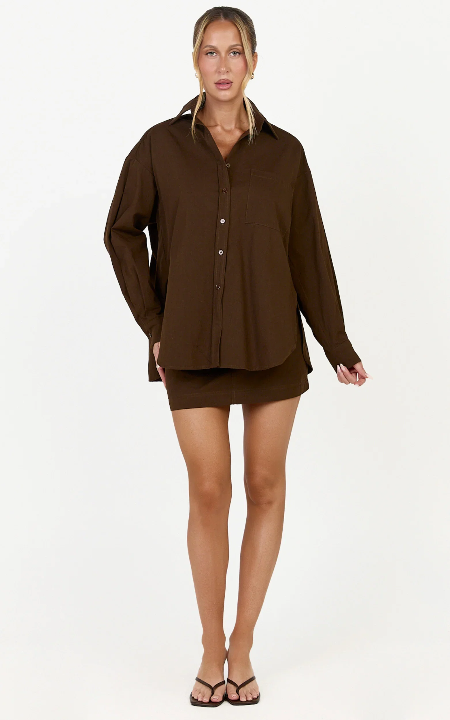 Blanche Top - Oversized Patch Pocket Long Sleeve Shirt in Dark Chocolate